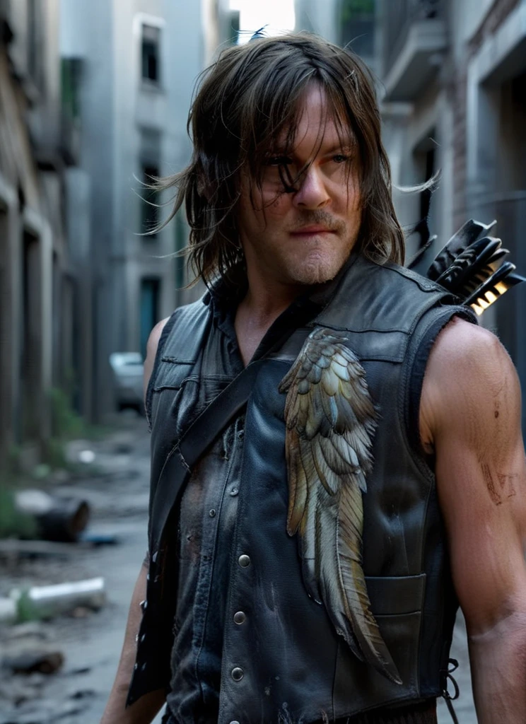 cinematic still of TWDDaryl, gripping knives, weathered vest with faded dirty wings painted on back, fingerless gloves, looking over shoulder, unshaven, dirty hair, abandoned buildings at night, dirty street, hyperdetailed, shallow depth of field, f1.4, <lora:TWDDaryl:1.0>