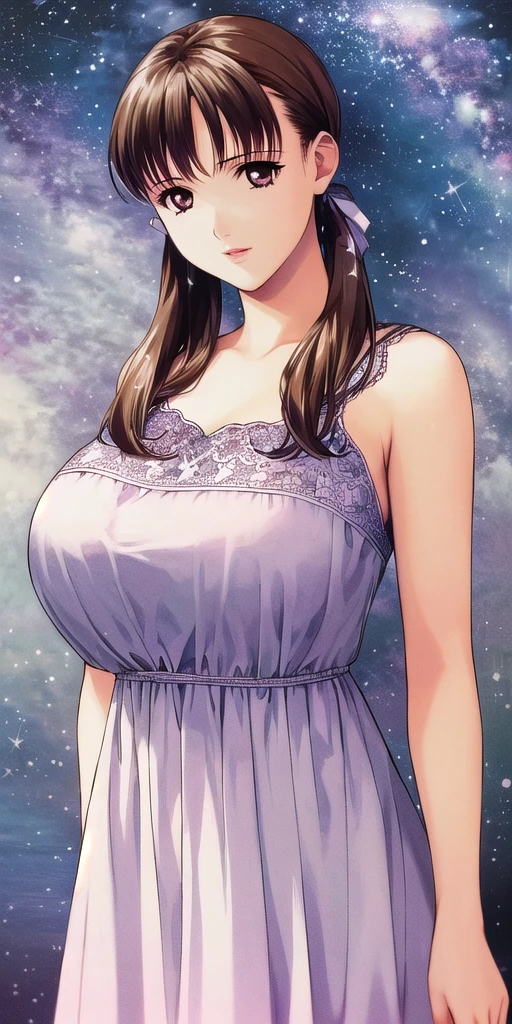 <lora:AyanaV4:.7> fujisawa_ayana, huge_breasts, standing, solo, starry_sky, sundress,, masterpiece, best_quality, detailed_face, detailed_eyes, highres, beautiful, detailed, absurdres,