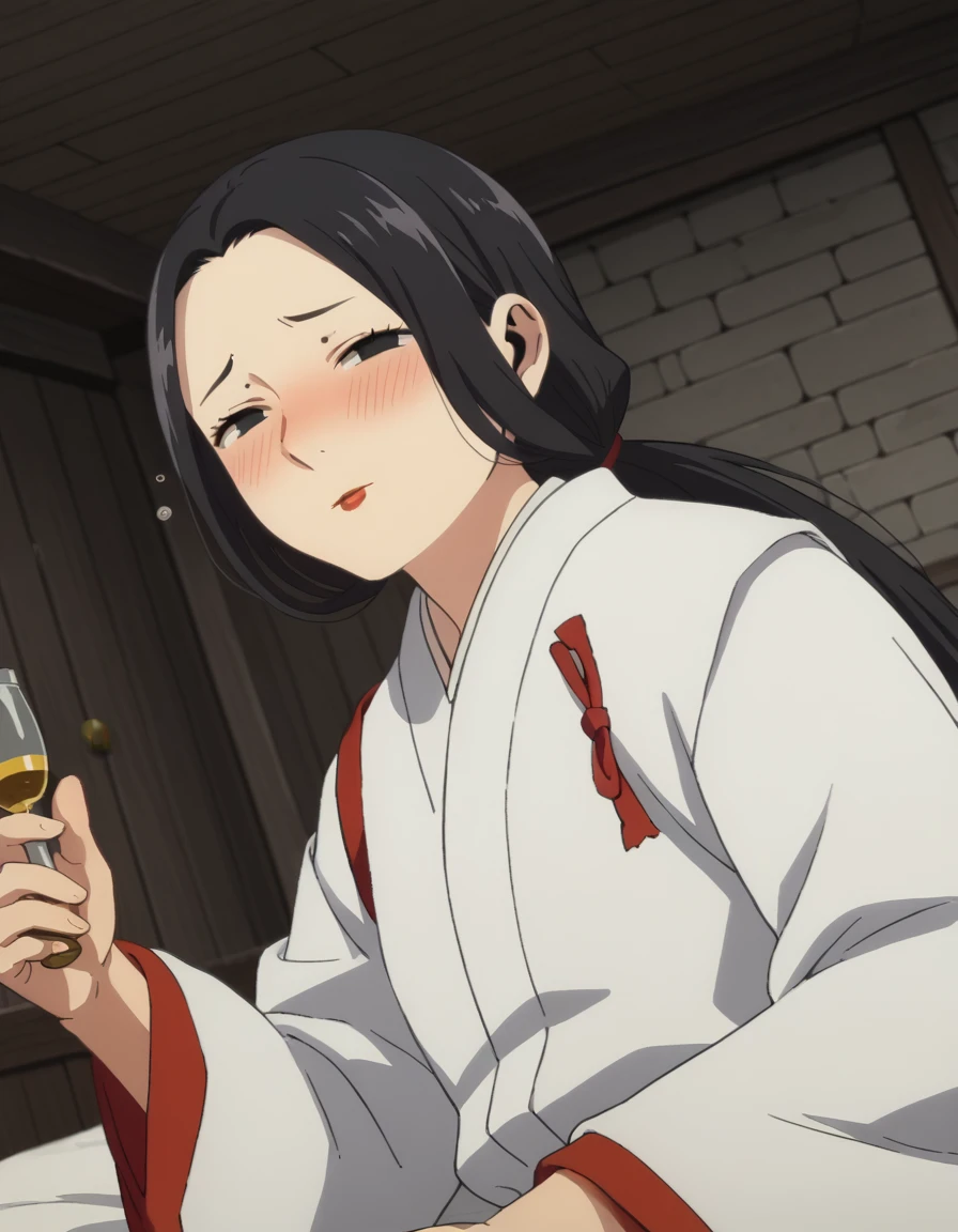 score_9, score_8_up, score_7_up, source_anime,
maizuru, <lora:maizuri-s1-ponyxl-lora-nochekaiser:1>,
maizuru, black hair, black eyes, long hair, low-tied ponytail, forehead, makeup, lipstick, red lips,
japanese clothes, wings, wide sleeves,
indoors, bed, bed room, on side, blush, drunk,
looking at viewer, solo, cowboy shot, dutch angle,