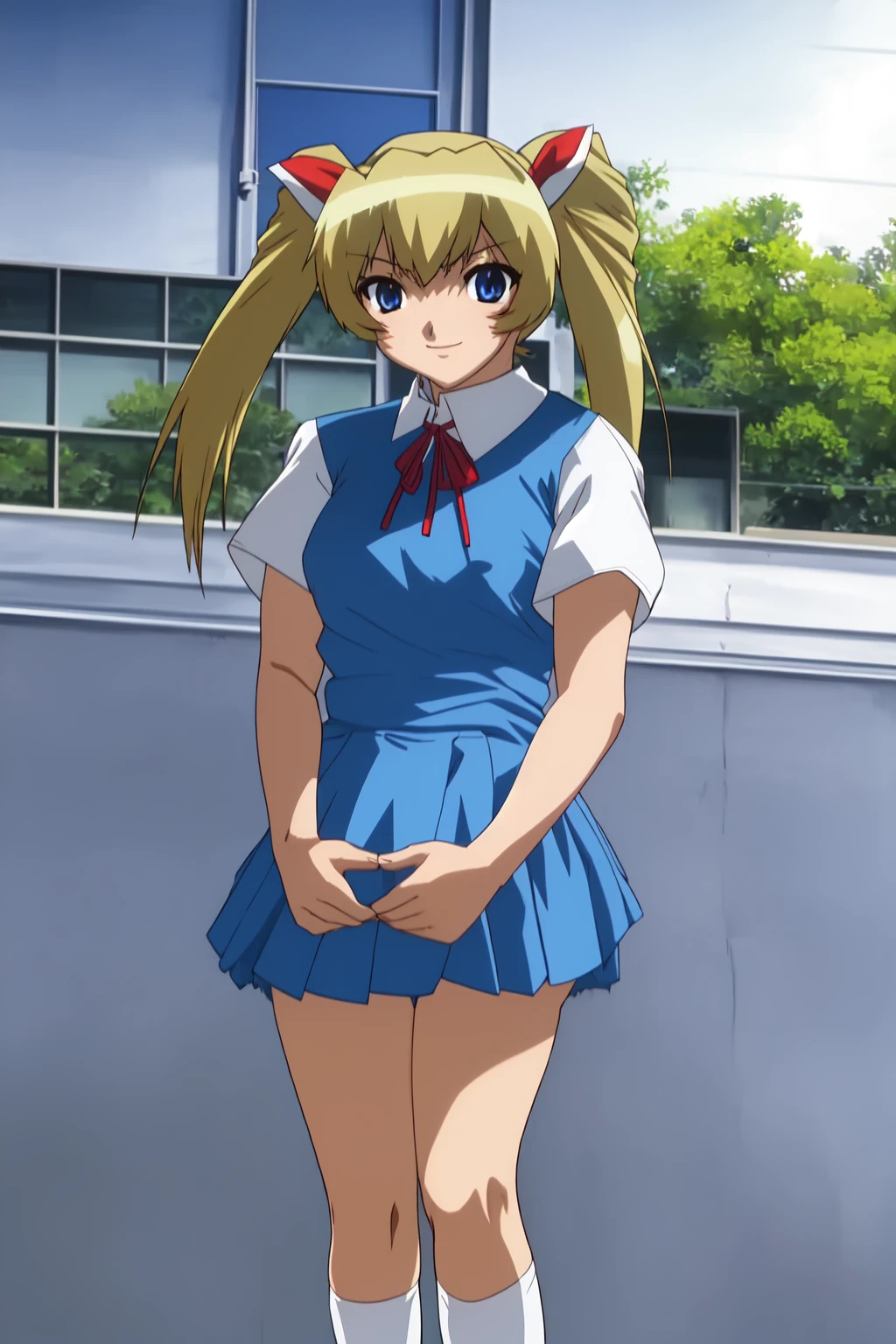 AyumiMamiya, 1girl, solo, looking at viewer, blue eyes, long_ponytail, twintails, school_uniform, red ribbon, hair scrunchie, short white sleeves, vintage dress \(module\), blue_sky, black shoes, blonde_hair, evil smile, full_body, blue_dress, twin_tails, low shocks, AyumiMamiya
<lora:ac0294a6-d2f0-4a14-8b46-5111d359ecbb.TA_trained:1>