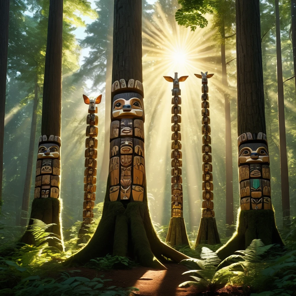 photo of a forest, each tree trunk is a totem pole of different animals stacked, rays of sunshine through the canopy, ultra detailed, 8k