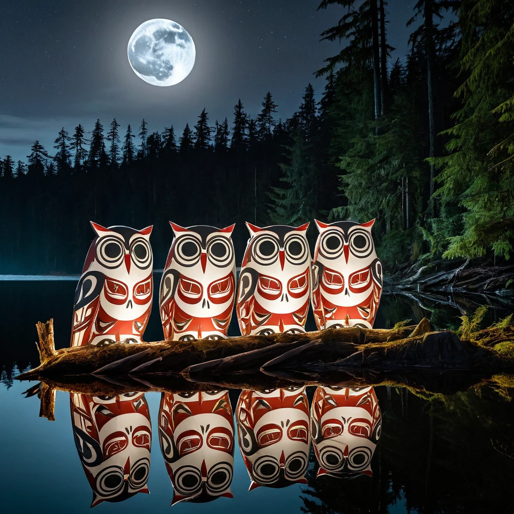 close up view, night photo of a a group of Haida traditional owl in the forest looking into a lake, lake reflection, large traditional Haida moon in the background, ultra detailed, 8k