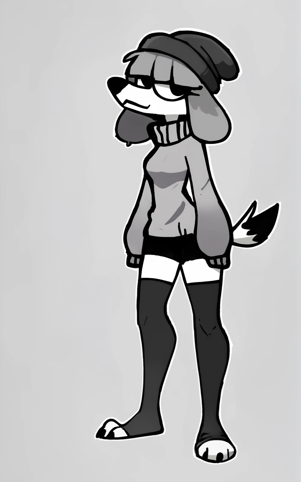 score_9, score_8_up, score_7_up,((best quality)), absurdres,((full body)),<lora:3d-2d:0.8>, <lora:FifiSDXL:0.8>,FifiSDXL,tail, dog girl, dog tail,furry, furry female,white skin, white fur,grey hair,beanie ,sweater,grey sweater,black shorts,black beanie,socks, black socks, toeless socks,white background,standing,slim ,thighhighs,solo,