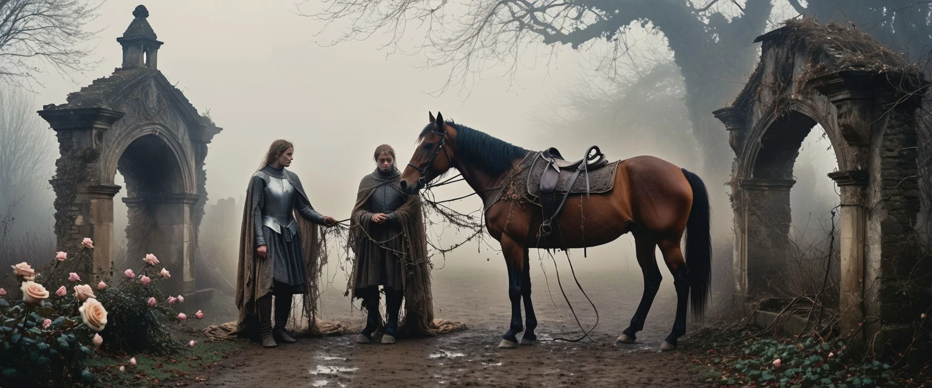 emerging old and tired medieval warriors entering The forgotten garden in 'Melancholy Mists', enveloped by gentle, melancholic layers of magical particles fog, evoking the introspective beauty of memories past in the delicate unfurling rose tendrils, intricate ruined background and old horse, decay, cinematic, RAW, detailed textures