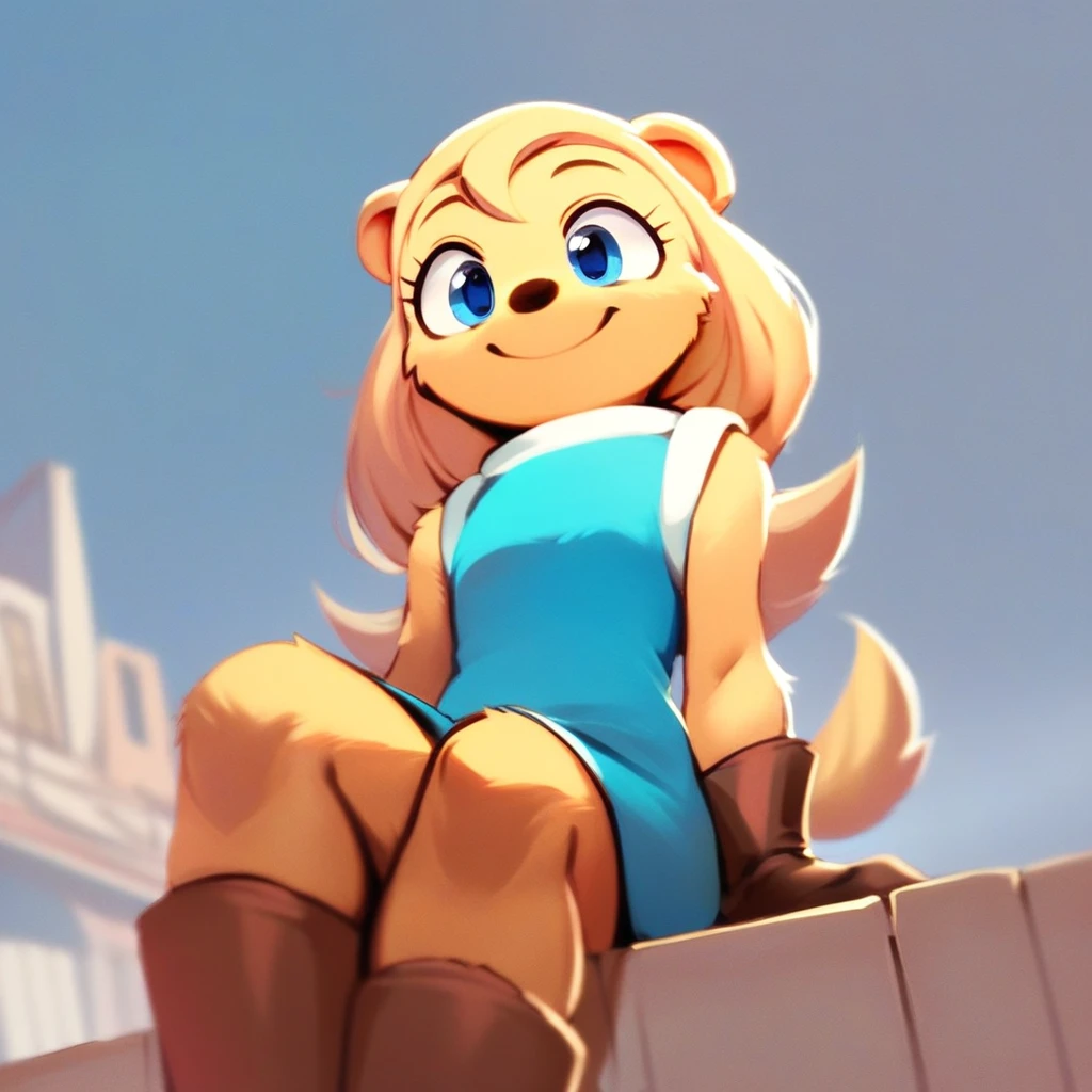 score_9, score_8_up, score_7_up, score_6_up, score_5_up, score_4_up, solo, female, furry, jane darc, solo focus, cute, smile, happy, tilted head, sitting, low-angle view, foreshortening, safe, rating_safe, blue clothes, blue eyes, yellow fur,