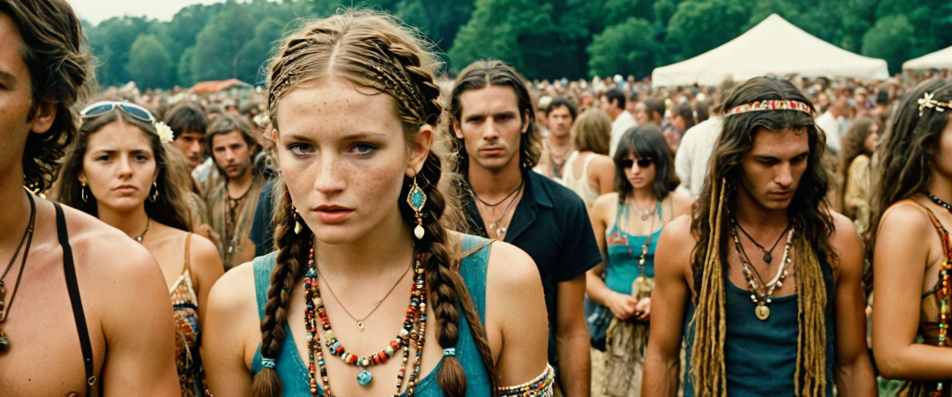 cinematic, film grain, RAW, realistic photography, empathic still, candide camera,
In the image, there is a young woman who is the lateral figure. She has long, wavy ginger dark hair and beads braids. She has a seductive expression on her face and is looking slightly to her left, confident, cute and sexy.
She is also wearing multiple necklaces, which appear to be made of beads and possibly shells or other natural materials. The necklaces are layered and add to the bohemian or festival-like aesthetic of her outfit, woodstock, hippie, kniting dresses, suede vest, intricate,
The background is crowded with other individuals, suggesting that this photo might have been taken at a public event or gathering. Somes are Hippie musicians, The people in the background are dressed in a variety of styles, and some are wearing sunglasses, which could indicate a sunny day or a casual, outdoor setting.
The image has a vintage or retro feel to it, possibly due to the style of the clothing, the quality of the photograph, or the overall aesthetic, psychedelic utopia, dynamic pose, (dutch angle style:1.4), freckles, vintage, flat breast, dirty clothes, wet, cinematic, raw, analog, film grain, cinemascope, skinny, loosy clothes and attitude, small chest, petite, sexy