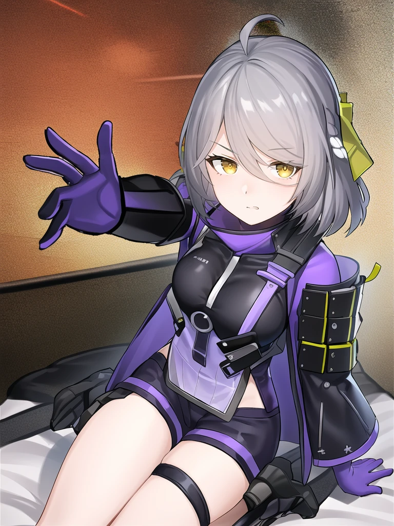 masterpiece,best quality,bedroom,looking at viewer,punching towards viewer,action line,
<lora:ankaxiya:0.8>,ankaxiya,skin00,1girl,solo,shy,gloves,grey hair,bangs,short shorts,black gloves,breasts,yellow eyes,jacket,black shorts,hair between eyes,short hair,ahoge,long sleeves,purple gloves,