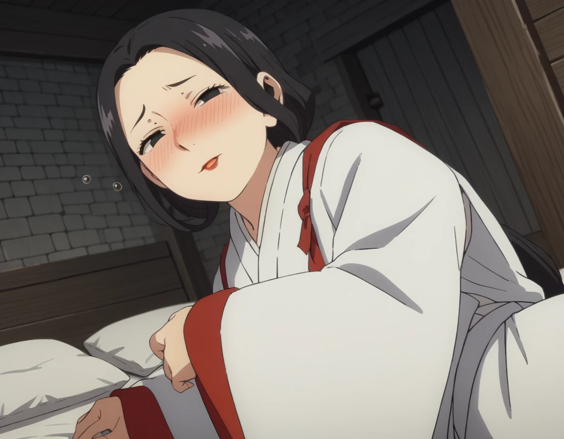 score_9, score_8_up, score_7_up, source_anime,
maizuru, <lora:maizuri-s1-ponyxl-lora-nochekaiser:1>,
maizuru, black hair, black eyes, long hair, low-tied ponytail, forehead, makeup, lipstick, red lips,
japanese clothes, wings, wide sleeves,
indoors, bed, bed room, on side, blush, drunk,
looking at viewer, solo, cowboy shot, dutch angle,