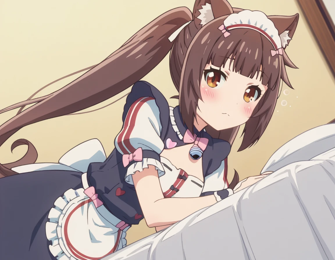 score_9, score_8_up, score_7_up, source_anime,
nekoparachocola, <lora:nekopara-chocola-s1-ponyxl-lora-nochekaiser:1>,
chocola, long hair, brown hair, animal ears, twintails, brown eyes, very long hair, cat ears, blunt bangs, animal ear fluff,
dress, bow, tail, short sleeves, frills, bowtie, apron, cat tail, maid, maid headdress, bell, cat girl, waist apron, jingle bell, neck bell, waitress,
indoors, bed, bed room, on side, blush, drunk,
looking at viewer, solo, cowboy shot, dutch angle,
