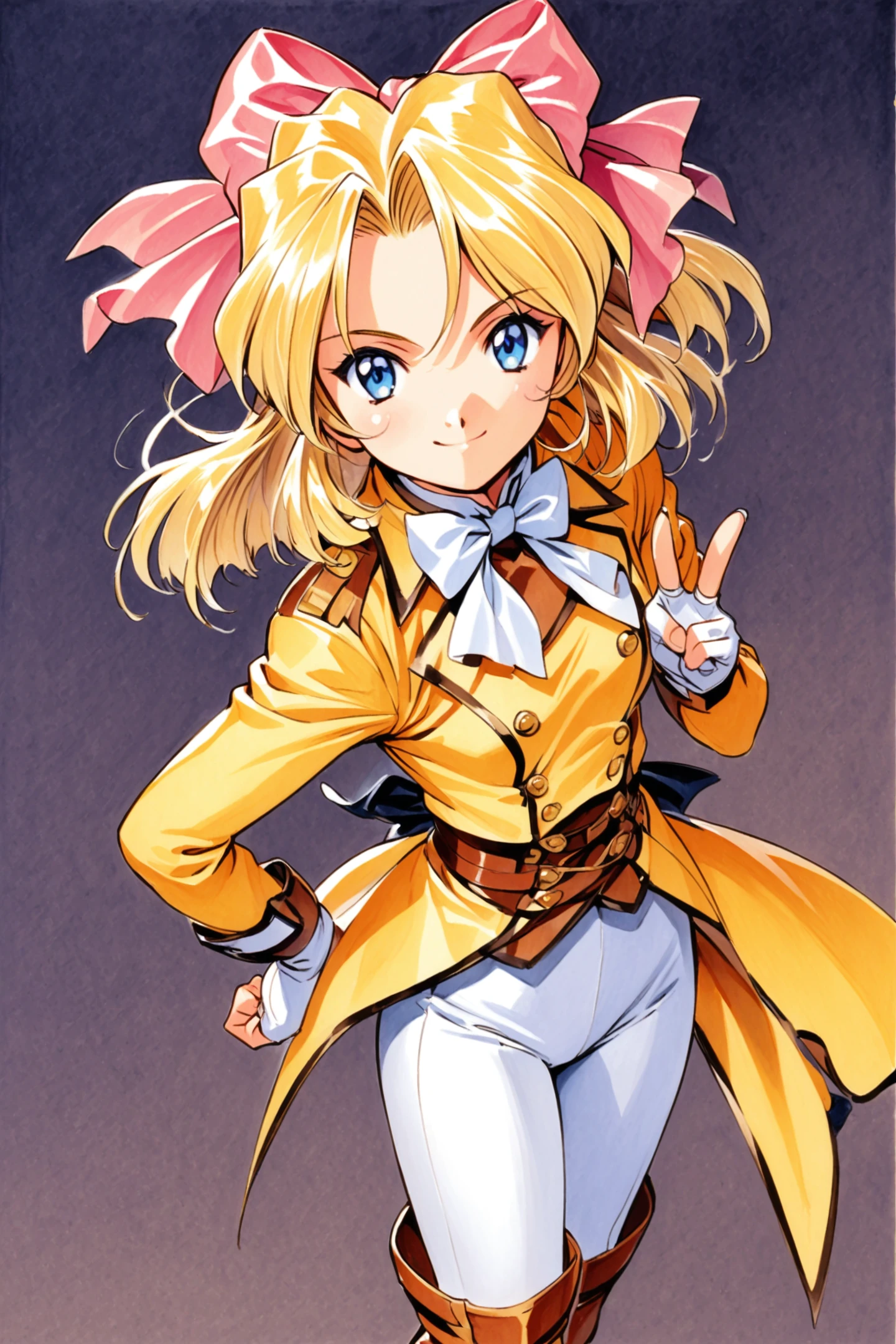 Iris Chateaubriand,1girl,female ,solo,smile,closed mouth,blonde hair,short hair,blue eyes,1990s (style),yellow tailcoat,coattails,v,white bowtie,hair bow,pink bow,back bow,white ribbon,fingerless gloves,white gloves,white pants,tight pants,boots,traditional media,<lora:Sakura Wars_XL_V2.1:0.8>,