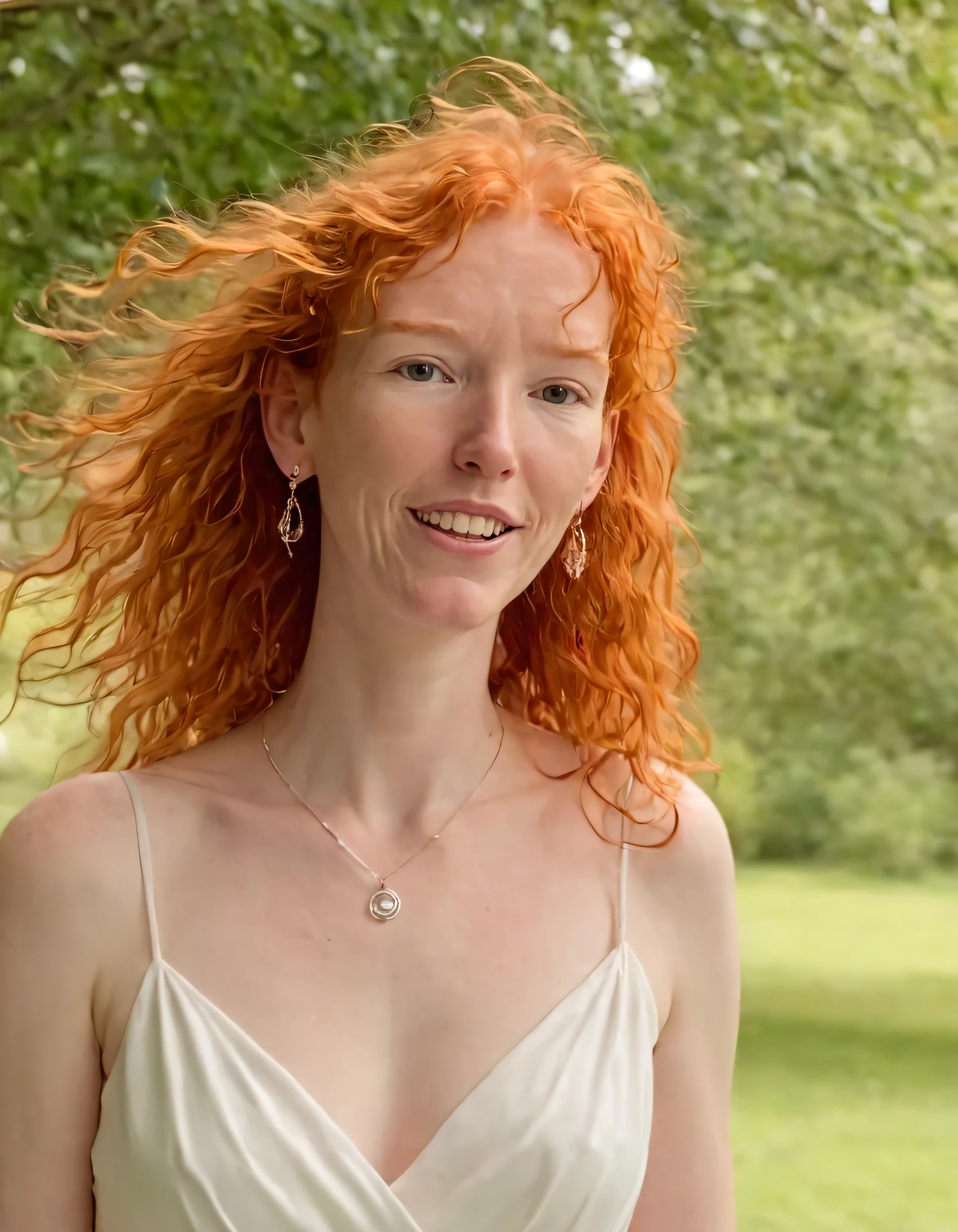In this captivating scene, Femke Quintana stands gracefully as a single subject, with her red locks flowing freely around her face, wearing an elegant white dress that swirls in the breeze; her intense gaze locked on the lens while her parted lips reveal a dazzling smile adorned with sparkling earrings and a delicate necklace, all set against the breathtaking backdrop of an idyllic outdoor setting. <lora:xngthm18f5adb52d8z413:1>
