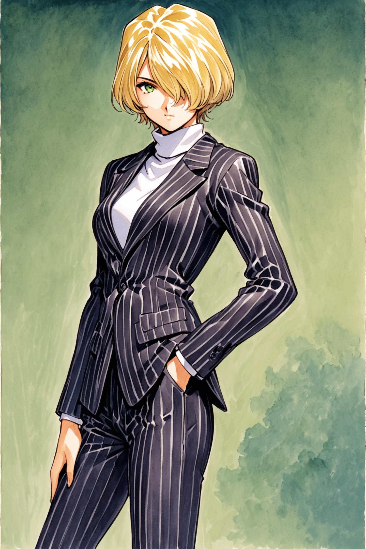 MariaTachibana,1girl,solo,blonde hair,hair over one eye,short hair,green eyes,business_suit,pinstripe suit,white turtleneck,pants,traditional media,hand in pocket,formal,black suit,striped,pinstripe pattern,looking at viewer,turtleneck,green background,<lora:Sakura Wars_XL_V2.1:0.8>,