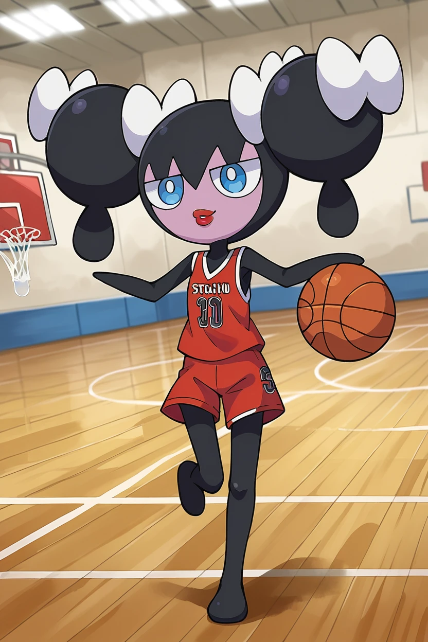 score_9, score_8_up, score_7_up, score_6_up, BREAK gothorita,pokemon \(creature\), solo,full body,two-tone skin,playing basketball,white hair bow, twintails, smile, blue eyes,red basketball uniform, basketball court,indoors, flat chest, dribbling \(basketball\), running, red lips, black hair, red tank top,print shirt, <lora:GothoritaPony:1>
