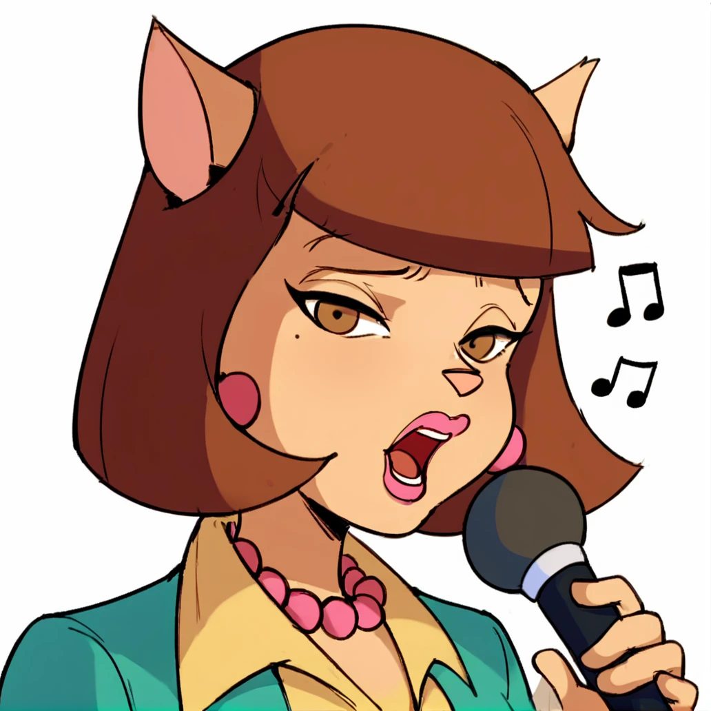 score_9, score_8_up, score_7_up, score_6_up, score_5_up, score_4_up, (Source furry), (rating safe), <lora:ann_gora:1>, ann gora, 1girl, solo, looking at viewer, open mouth, bangs, simple background, shirt, white background, holding, animal ears, jewelry, jacket, upper body, earrings, teeth, blunt bangs, necklace, lips, makeup, half-closed eyes, bob cut, lipstick, microphone, yellow shirt, green jacket, music, holding microphone, singing, pearl necklace, catgirl, furry female, animal nose, cat ears, short hair, brown hair, bluntbangs, brown eyes, pink lipstick