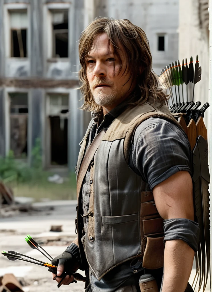 cinematic still of TWDDaryl, aiming crossbow, weathered vest with faded dirty wings painted on back, fingerless gloves, looking over shoulder, scruffy beard, dirty hair, abandoned buildings, dirty street, hyperdetailed, shallow depth of field, f1.4, <lora:TWDDaryl:0.8>