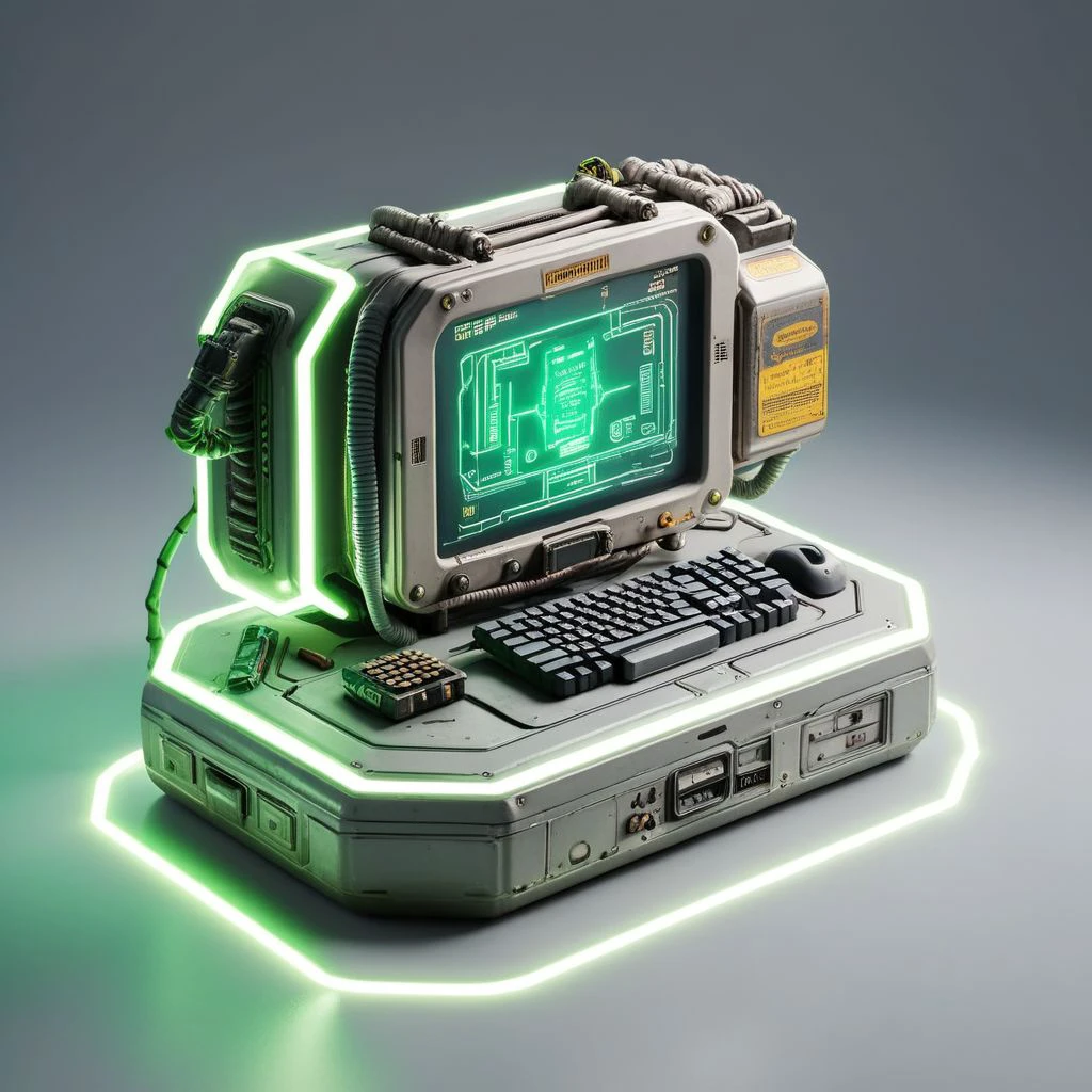 isztoksk, pip boy cyberpunk arm computer, no humans, cable, simple background, shadow, still life, solo, grey background,  white background, 3d, miniature, isometric, from above, cinematic lighting, neon lighting, game design, octane render, masterpiece, best quality