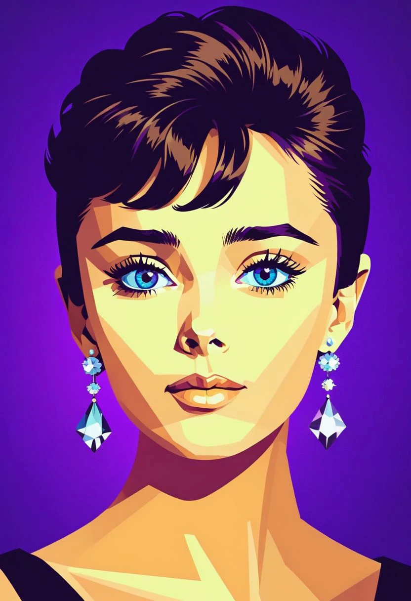 lwpztxxs, Audrey Hepburn, solo, earrings, jewelry, blue eyes, purple background, short hair, portrait, 1girl, brown hair, simple background, male focus, looking at viewer, pompadour, prismatic, low poly, vector art, geometric, vector illustration, flat colors