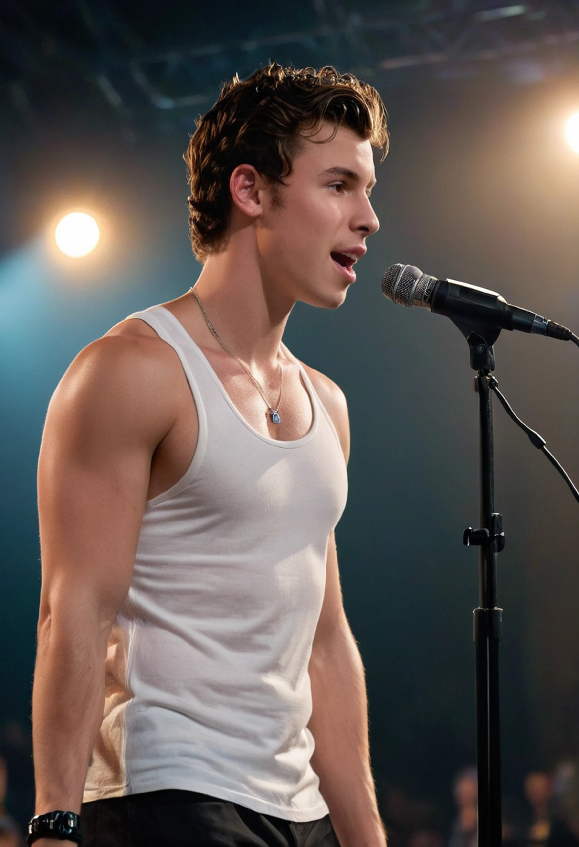 <lora:shawn_mendes_v1_sdxl_1600_lora_f32:1>,, cinematic film still Shawn mendes, white tanktop, necklace, singing, microphone, concert, sweaty, nighttime, dynamic pose . shallow depth of field, vignette, highly detailed, high budget, bokeh, cinemascope, moody, epic, gorgeous, film grain, grainy