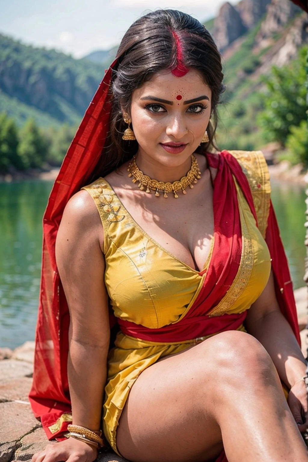 Close-up professional photography, indian bride ((sindoor on hair partings, sindur)), sleeveless blouse, deep cleavage, big bimbo boobs, blue theme, voluptuous curvy lady, metalictexturel, sitting, looking at the camera,the detail,Complex patterns,portrait lens,deep cleavage,(mountain lake in the background:1.2),super-fine,Ultra photo realsisim,Hyper-realistic,Works of masters,8K wind resolution,OC renderer