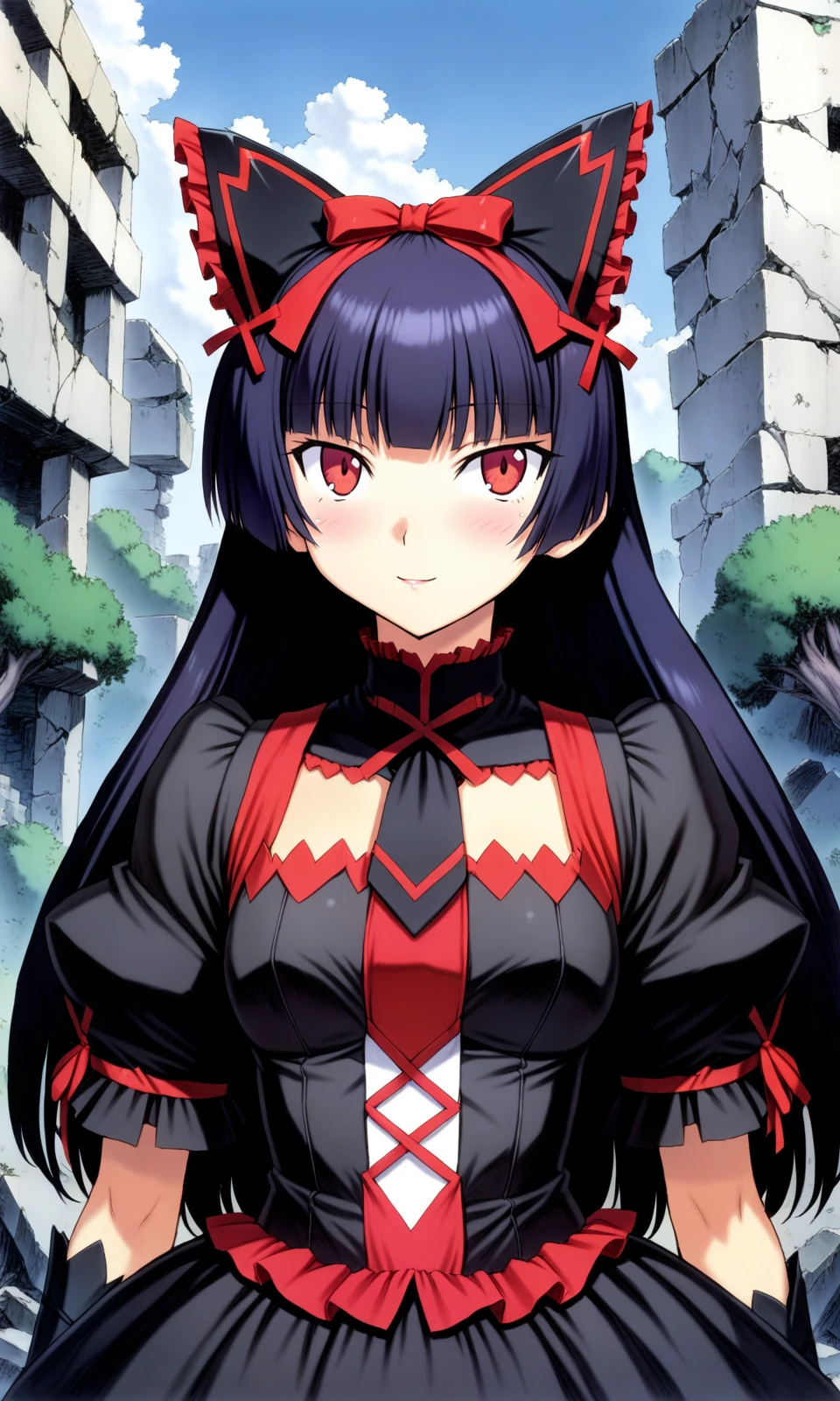 1girl, rorymercury, black dress, frilled dress, frills, 
upper body, straight-on, portrait, 
outdoors, ruins, 
masterpiece, best quality, very aesthetic, absurdres, by mogudan, 
<lora:RoryMercury_xl:1>