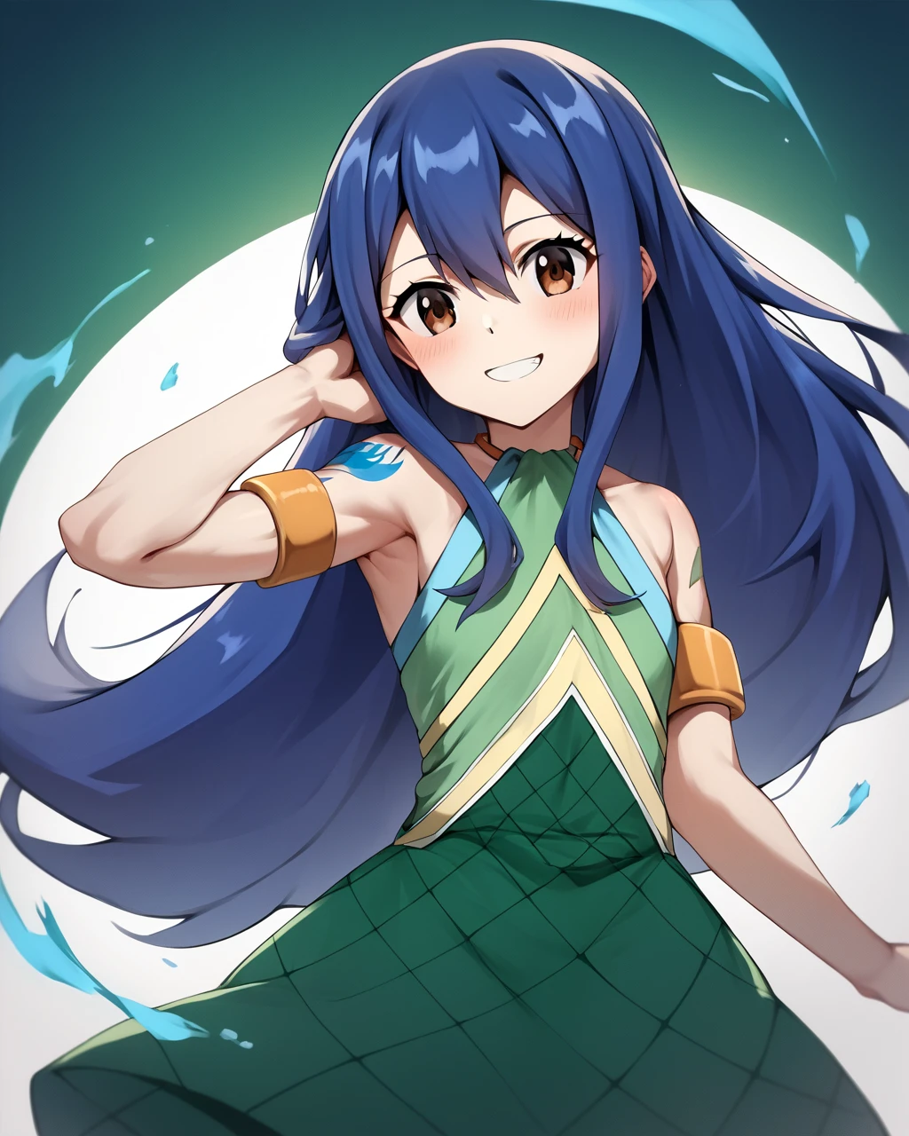 score_9, score_8_up, score_7_up, score_6_up, score_5_up, score_4_up, BREAK source_anime,
<lora:Wendy_Marvell_PONY:1>,Wendy Marvell, 1girl, solo, blue hair, long hair,hair between eyes,brown eyes,green dress,bare shoulders, armlet,tattoo,smile