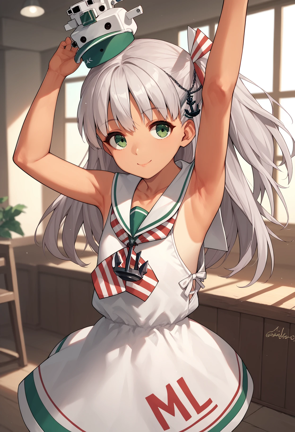 score_9, score_8_up, score_7_up, score_6_up, score_5_up, score_4_up, BREAK, smile, indoors, arms up,
<lora:maestralev1-000012:1>, maestralekc, one-piece tan, tanlines, grey hair, one side up, green eyes, long hair, anchor hair ornament, maestralebase, sleeveless dress, clothes writing, neckerchief, white sailor collar, anchor necklace, hair tie, hat,