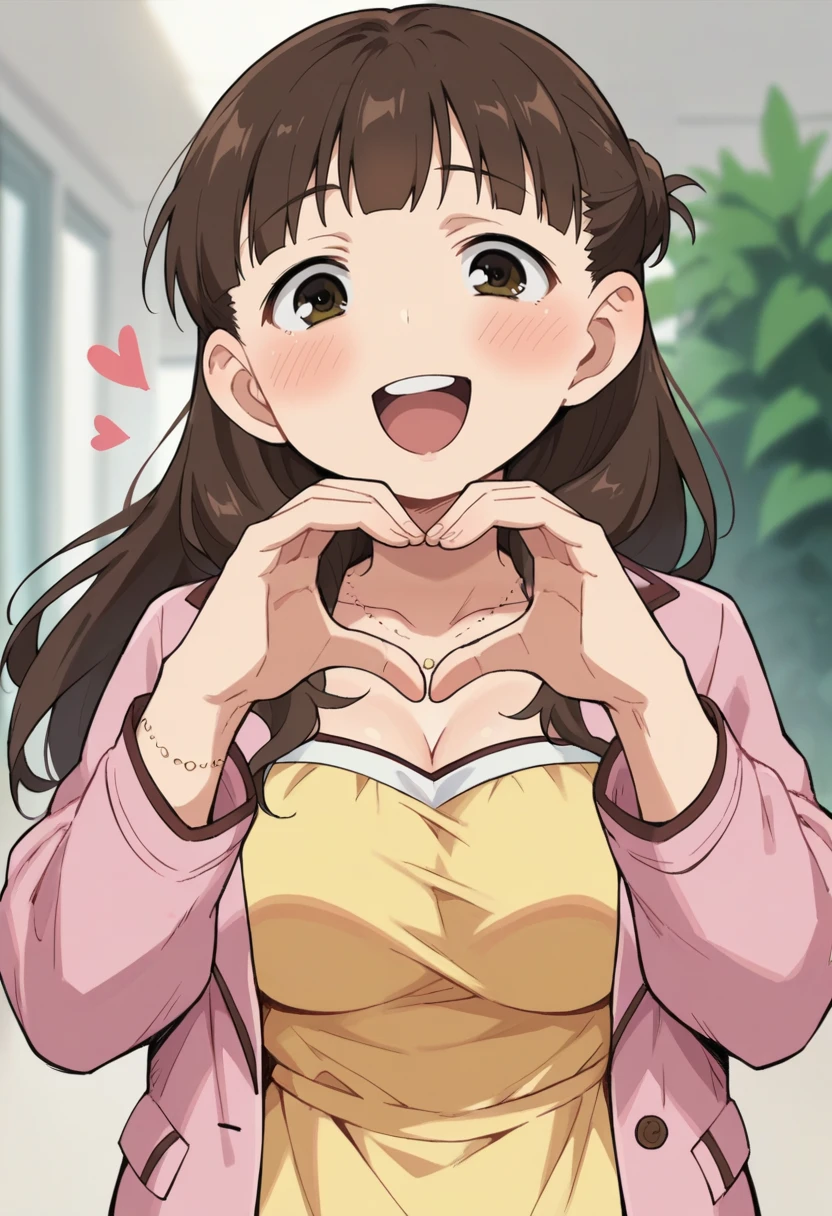 score_9, score_8_up, score_8, source_anime, 1girl, <lora:MarinaSugisaki:0.85> , solo, brown eyes, brown hair, long hair, yellow dress, jewelry, pink jacket, breasts, blush, upper body, laugh, heart hands,  
bedroom background, blurry background,