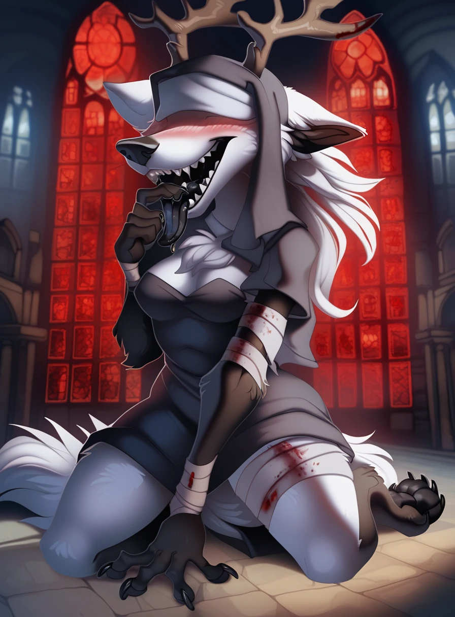 hioshiru, fivel,best quality, hi-res,newest, vicar amelia, white body, white fur, female,messy white hair, canine, antlers, teeth,black feet, long fur,  big mouth, sharp teeth, looking at viewer, medium breasts,(nun costume:1.2), clothed, shy, bashful, blush, robe, dress, kneeling, cathedral, cinematic lighting, light rays,red stained glass, bandages, blood, red theme, mouth open, black tongue
<lora:vicarAmelia  xl 1024 v1.1 rank128 seaartFurryXL10:1>