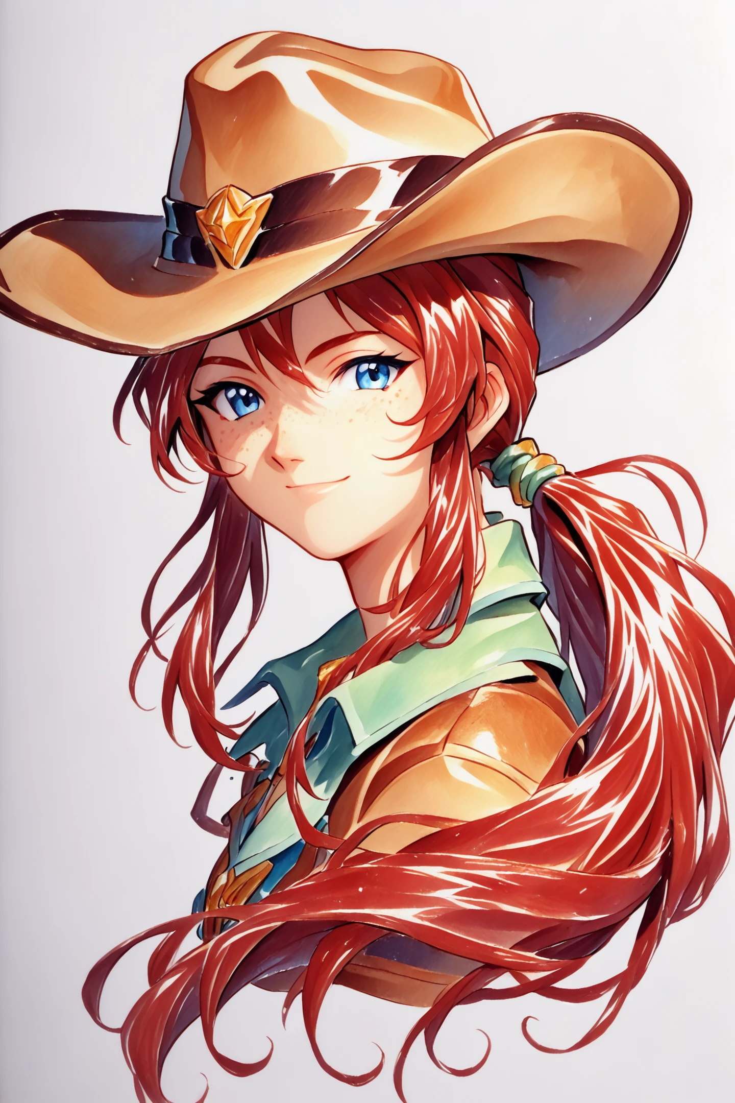 Gemini Sunrise,freckles,1girl,solo,hat,cowboy hat,blue eyes,long hair,light smile,closed mouth,upper body,white background,traditional media,ponytail,cowboy western,simple background,looking at viewer,jewelry,red hair,score_8_up,<lora:Sakura Wars_XL_PONY_V2.1:0.8>,