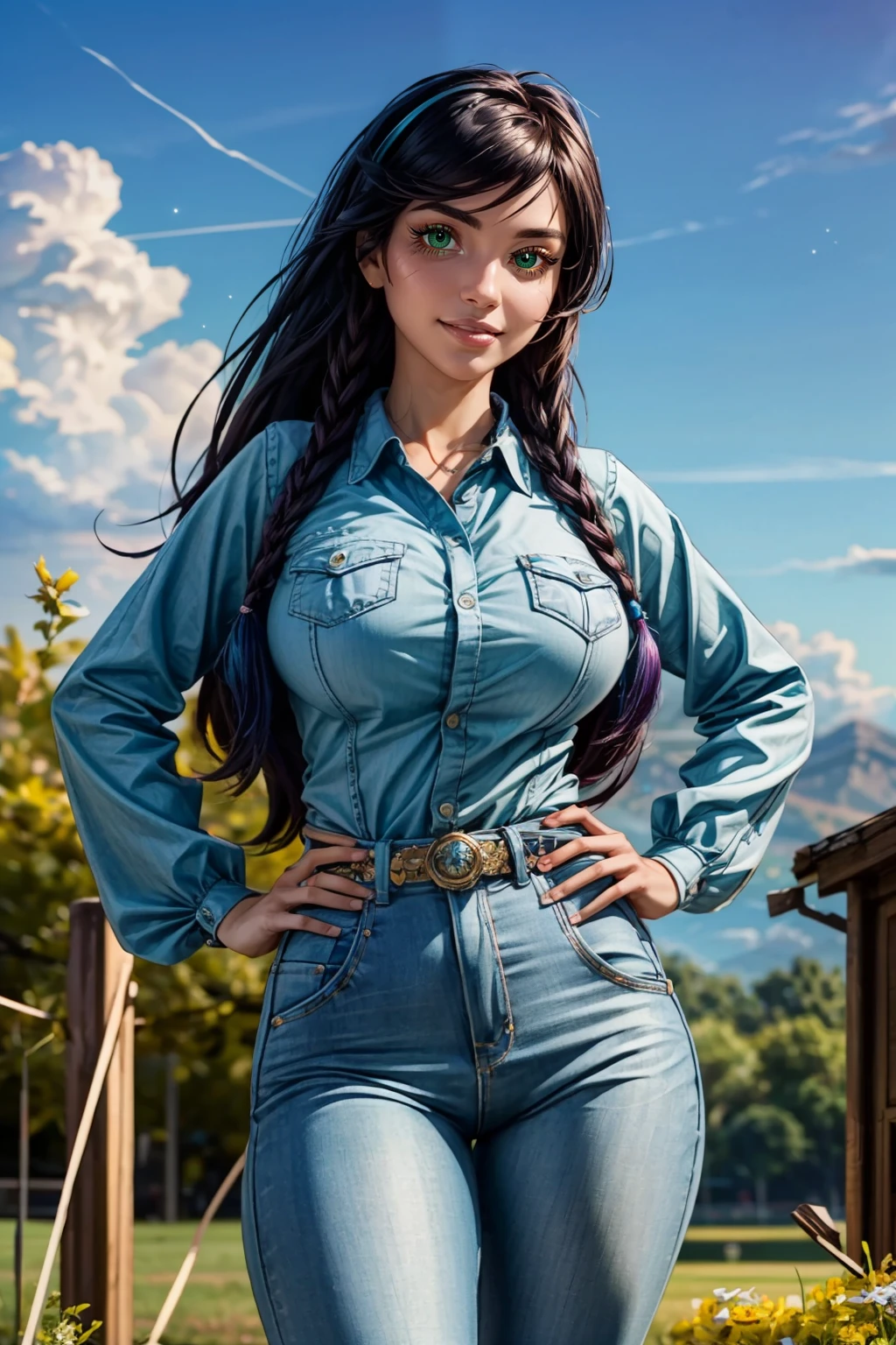 (ultra realistic,32k, masterpiece:1.2),(high detailed skin:1.1),( high quality:1.1), <lora:Nani_Cloud:0.5>, zzNaniCloud, green eyes, blue shirt, hands on hips, pants, belt, curvy, wide hips, solo, smile, looking at viewer, cowboy shot, blooming stars, luminescent petals, otherworldly fragrance blurry background, (looking at viewer, standing:1.1), huge breast, large breast, <lora:add_detail:0.92>, (glowwave:1.1),