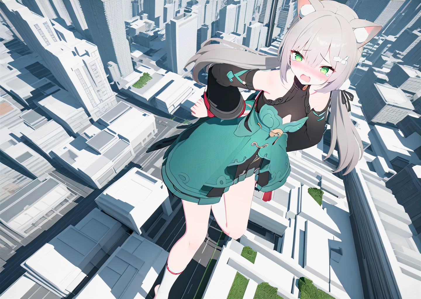 high quality, masterpiece, solo,
digital art, city, 3d,
1girl, green eyes, tearing up, shouting, blush, wide shot,
standing on one leg, arms behind back, looking back, standing, from above,
grey hair, twintails, cat ears, pom pom hair ornament,
detached sleeves, long sleeves,
green dress,
(bare legs),
white socks,
no shoes, full body,
<lora:qingque60-you-014:0.7>