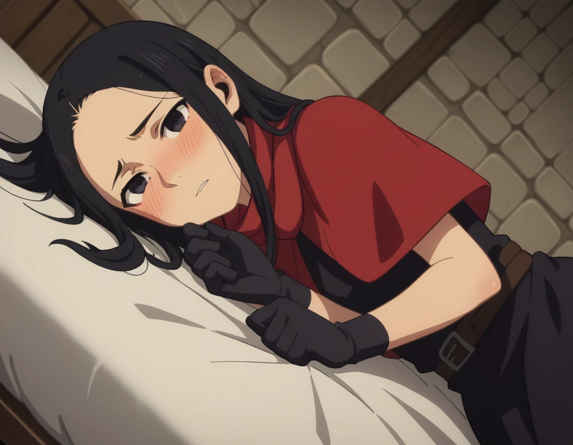 score_9, score_8_up, score_7_up, source_anime,
rinshafana, <lora:rinsha-fana-s1-ponyxl-lora-nochekaiser:1>,
rinsha fana, long hair, black hair, black eyes,
gloves, dress, black gloves, belt, black dress, capelet,
indoors, bed, bed room, on side, blush, drunk,
looking at viewer, solo, cowboy shot, dutch angle,