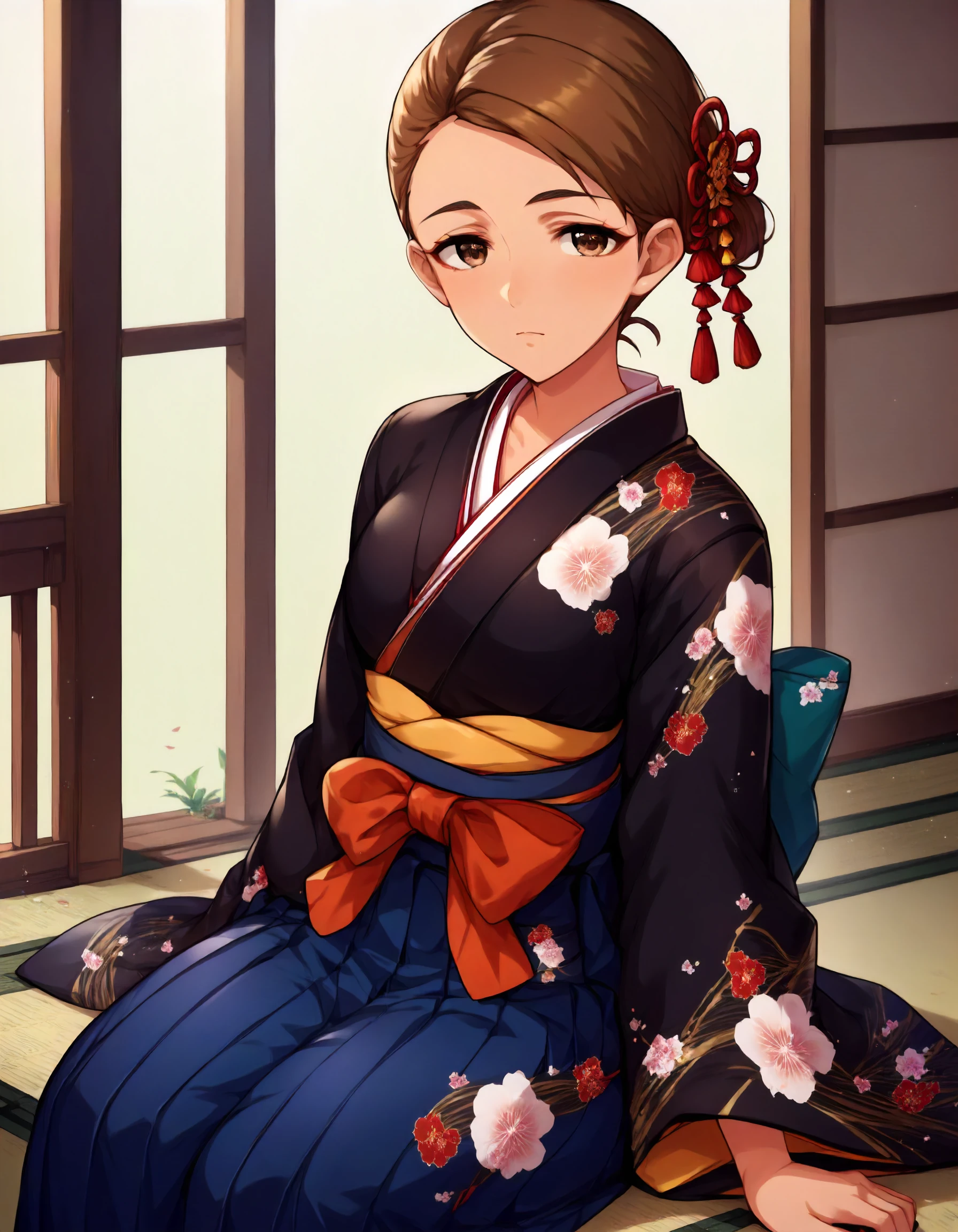 score_9, score_8_up,score_7_up,1girl,solo,sitting,looking at viewer,
<lora:yanagikiyora_ponyXLV6:0.8>,cgyk,ykha,brown eyes,brown hair,short hair,
kimono,
hakama skirt
