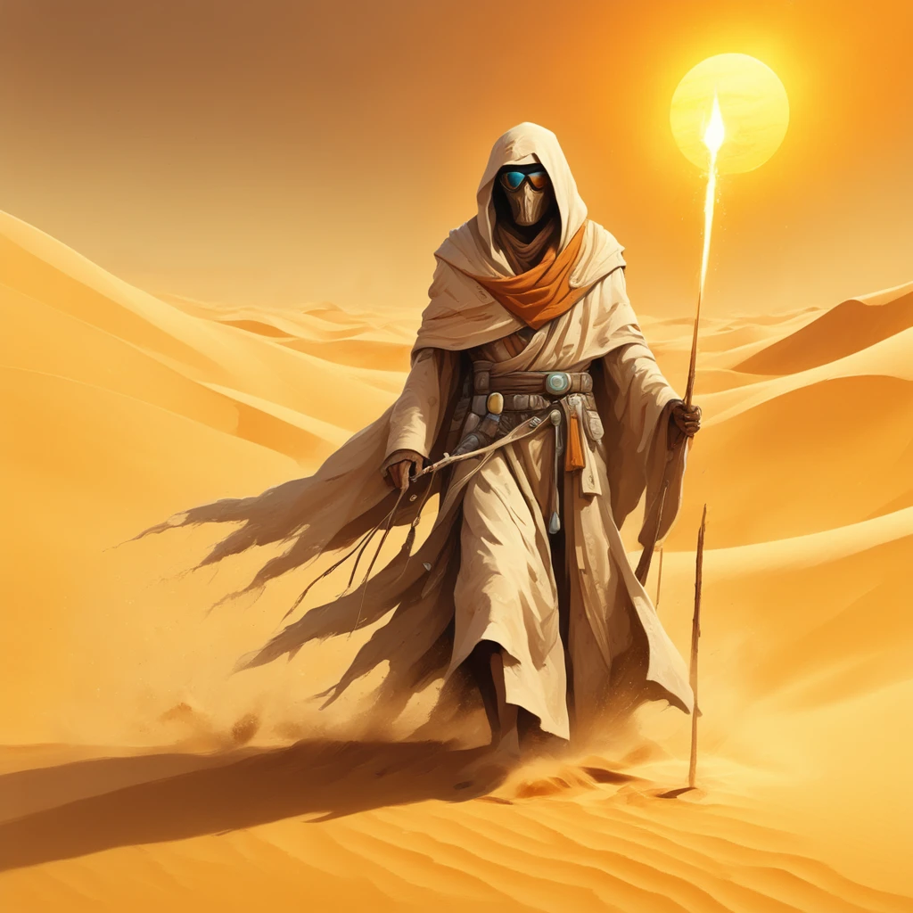 Desert warlock, solo, wearing a sun-bleached robe and carrying a staff topped with a sunstone, vast desert with swirling sand dunes background, facing forward, cinematic, powerful, mystical.