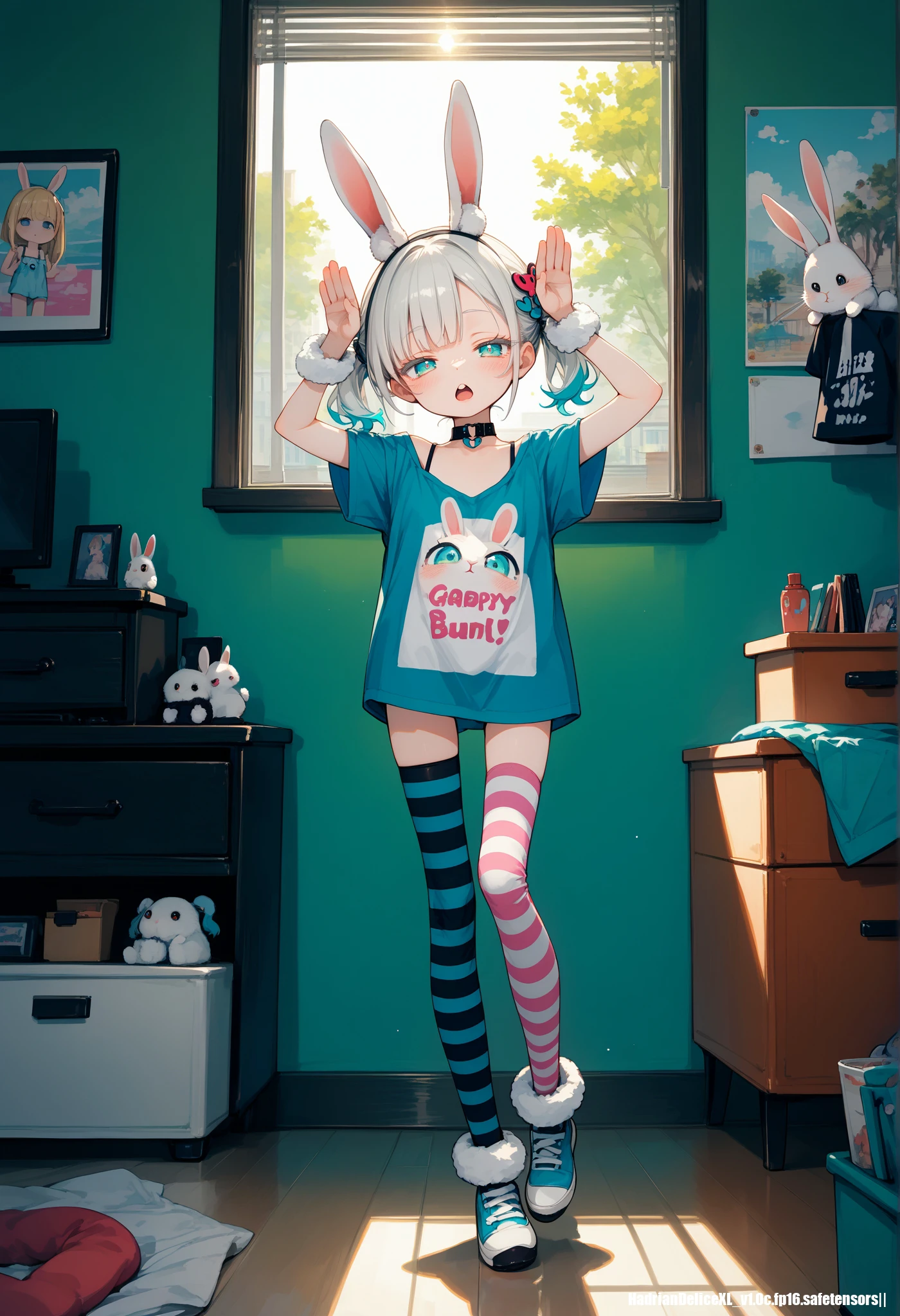 (score_10,score_9_up,score_8_up), very strong contrast, dramatic Lighting,very high detailed,very gorgeous and complicated background,8k,4k,highres,hadrian, 1 girl,full body, apartment,room,messy room,anime poster,white hair,Headbands,oversized t-shirt,choker,short twintails,hair ornament,asymmetrical legwear,flat chest,blush,fur cuffs, downblouse,striped legwear,multicolored legwear,alluring eyes,half-closed eyes,rabbit ears,rabbit_pose,bunny print,looking at viewer,rabbit paint,poster,strap camisole inside,no shoes,(white eyelashes:0.95), :<,open mouth,aqua eyes, arms up,leaning back,