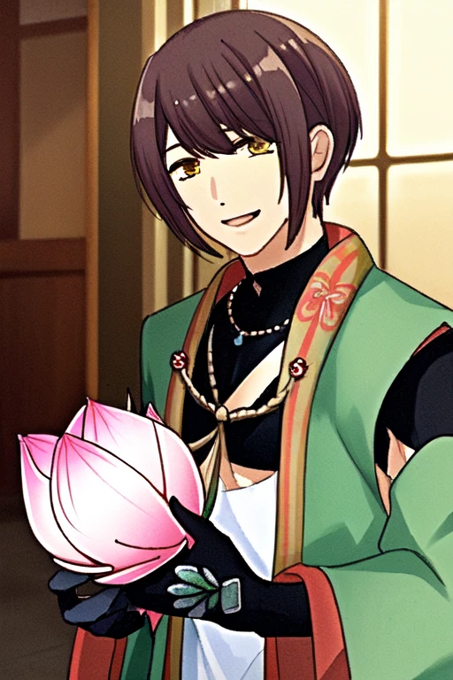 (masterpiece),(best_quality),1boy,Kannon,holding lotus,green kimono,gloves,lotus symbol,detached sleeves,jewelry,floral print,bangs,looking at the viewer,smile,<lora:Kannon:1>,