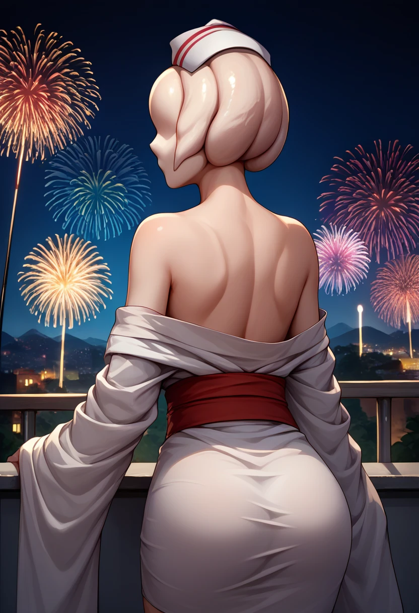 score_9, score_8_up, score_7_up, source_anime, from behind, solo, 1girl, bubbleheadnurse, monster girl, faceless female, looking back, nurse cap, no eyes, white kimono, off shoulder, red sash, bare shoulders, fireworks <lora:silenthill2_bubbleheadnurse_ponyXL:1>