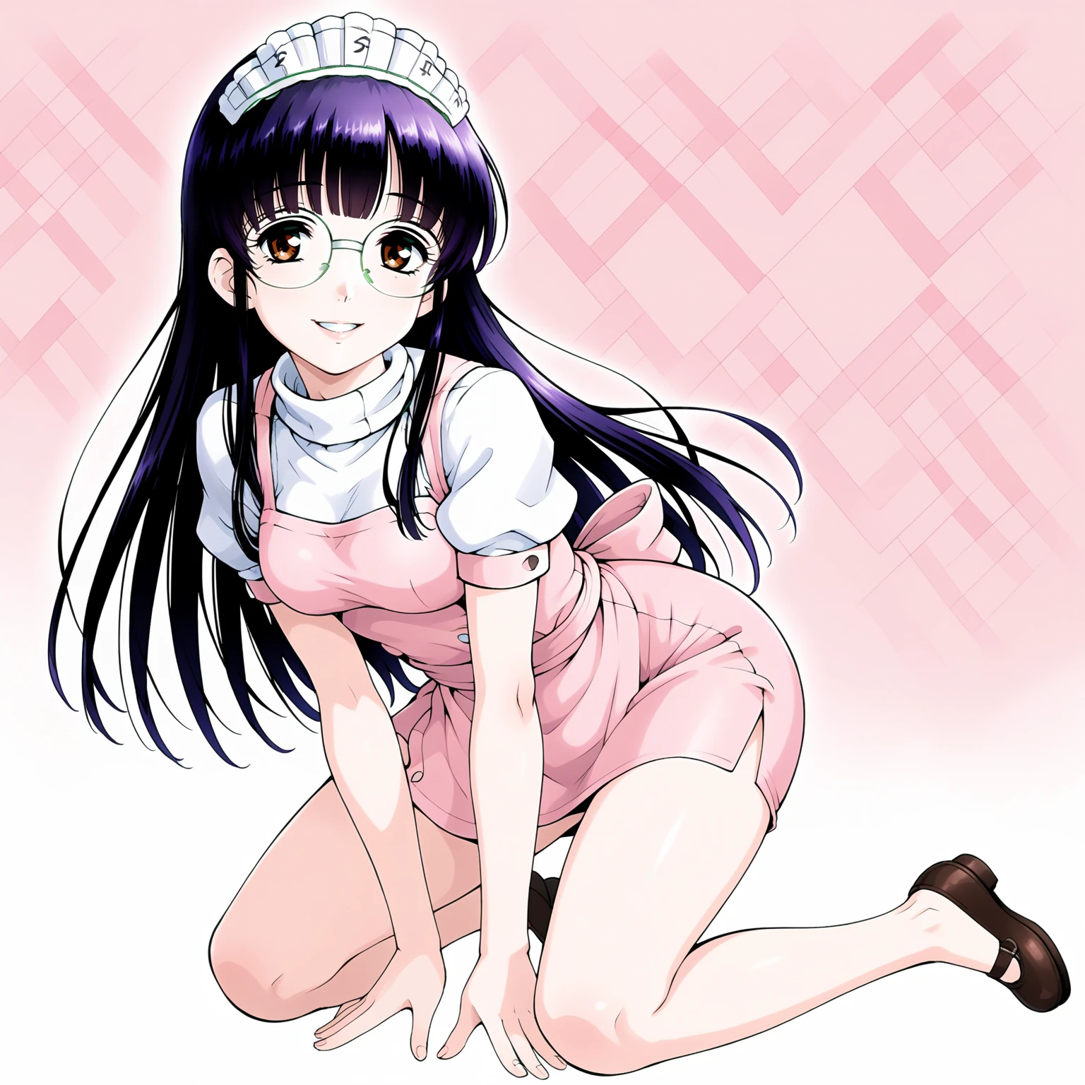 <lora:SUTomoXLpony001>,
smile,parted lips,
solo,
SUTomo,1girl,black hair,purple hair,long hair,bangs,brown eyes,eyewear,
waitress headdress,
waitress,white shirt,turtleneck,pink dress,pink apron,
pencil_skirt,
full body,kneeling,