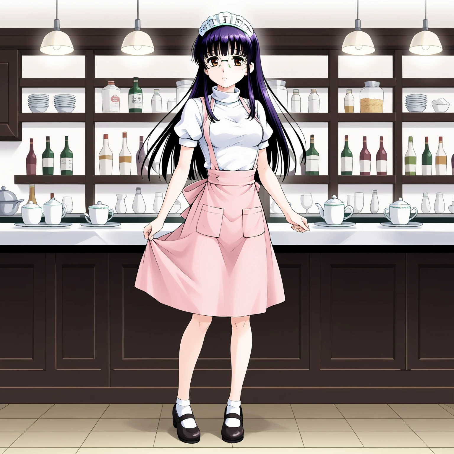 <lora:SUTomoXLpony001>,
solo,
SUTomo,1girl,black hair,purple hair,long hair,bangs,brown eyes,eyewear,
waitress headdress,
waitress,white shirt,turtleneck,pink dress,pink apron,
pencil_skirt,
full body,standing,