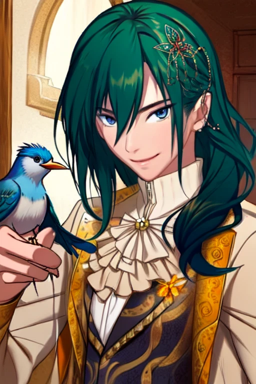 (masterpiece),(best_quality),holding a bird,Kujakuou,coat,hair ornament,happy,<lora:Kujakuou:1>,