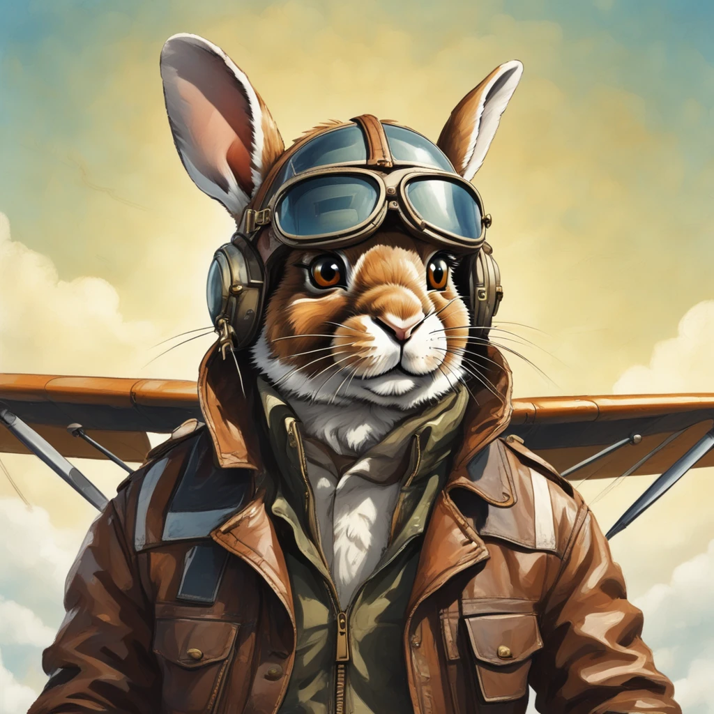 Rabbit aviator, solo, wearing a flight jacket and goggles, cockpit of a vintage biplane with open skies background, facing forward, cinematic, adventurous, exhilarating.