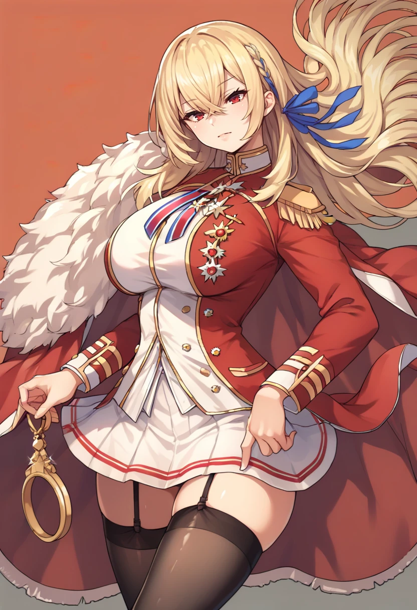 score_9, score_8_up, score_7_up, source_anime, mlkgv, blonde hair, blue ribbon. dress uniform, fur-trimmed cape, hair between eyes, large breasts, long hair, medal, red eyes, striped ribbon, white skirt, epaulettes, garter straps, black thighhighs, <lora:kgv-8:1>