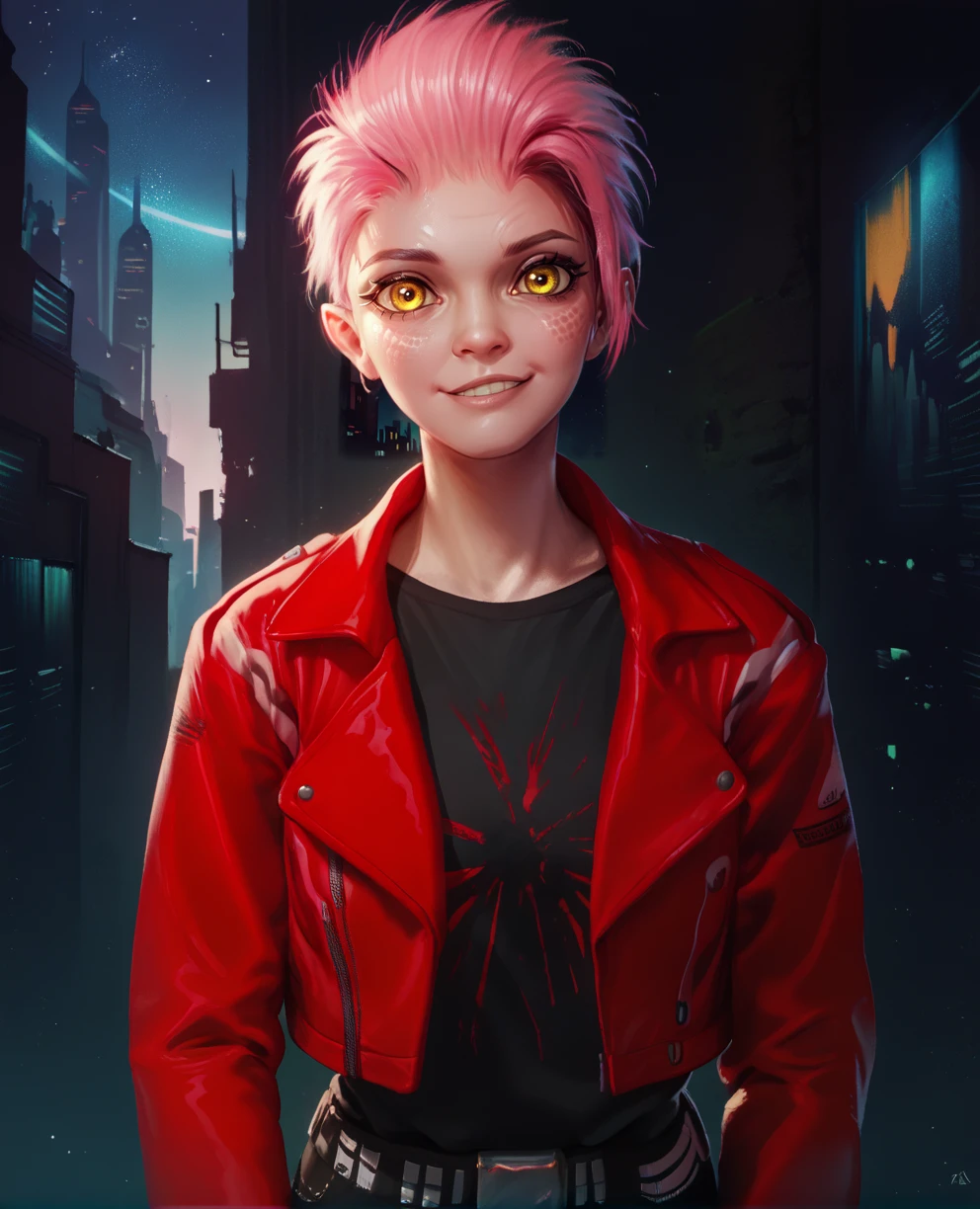 score_9,score_8_up,score_7_up,score_6_up,art3misxl,yellow eyes,pink hair,short hair,black shirt,red jacket,belt,science fiction,city,night,wall,looking at viewer,light smile,<lora:art3misXL:0.9>,