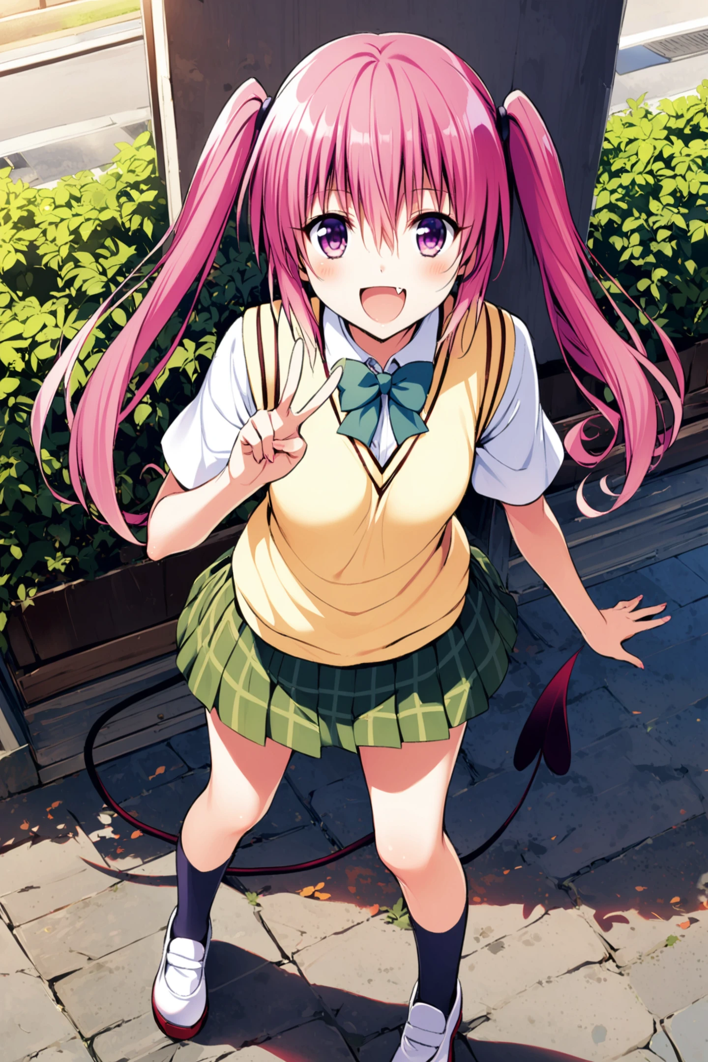 1girl,nana asta deviluke,pink hair,tail,solo,twintails,school uniform,smile,skirt,open mouth,fang,demon tail,socks,shoes,v,pink eyes,shirt,:d,long hair,purple eyes,standing,plaid skirt,outdoors,<lora:Yabuki Kentarou_XL_V2:0.8>,