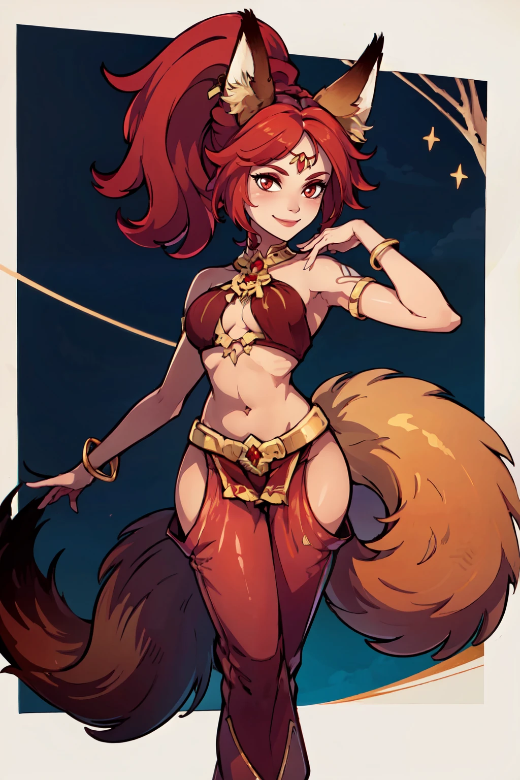 ((masterpiece,best quality)), absurdres, <lora:Satrana_v2:0.7>,   zzSatrana, ponytail, looking at viewer, smile, brown hair, navel, jewelry, tail, barefoot, pants, bracelet, fox ears, fox tail, standing on one leg, dancer