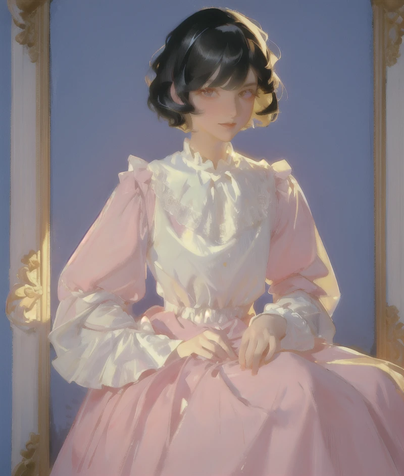 <lora:Yellow_Light:0.74> , yellow light, pastel colors, (high contrast), portrait, white dress, blue background, pink shadows, frilled dress, long sleeves, lace trim, bob cut, long eyelashes, (art by Jean Marc Nattier:0.8), masterpiece, best quality, oil painting style, classical, clear light perception, (John Singer Sargent), black hair,