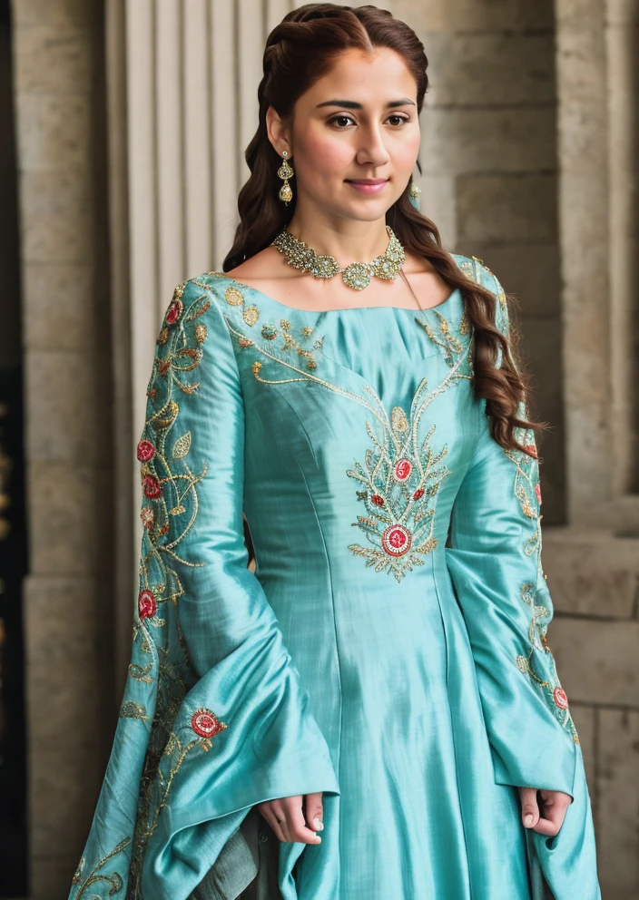 RAW photo, subject, 8k uhd, dslr, soft lighting, high quality, film grain, Fujifilm XT3, professional photo, (detailed skin:1.3), high quality, beautiful women, portrait, <lora:Game_of_Thrones_-_Fashion:0.8> , game of thrones fashion, game of thrones dress, jewelry, aqua dress, full body, embroidery, wide sleeves, halterneck dress,