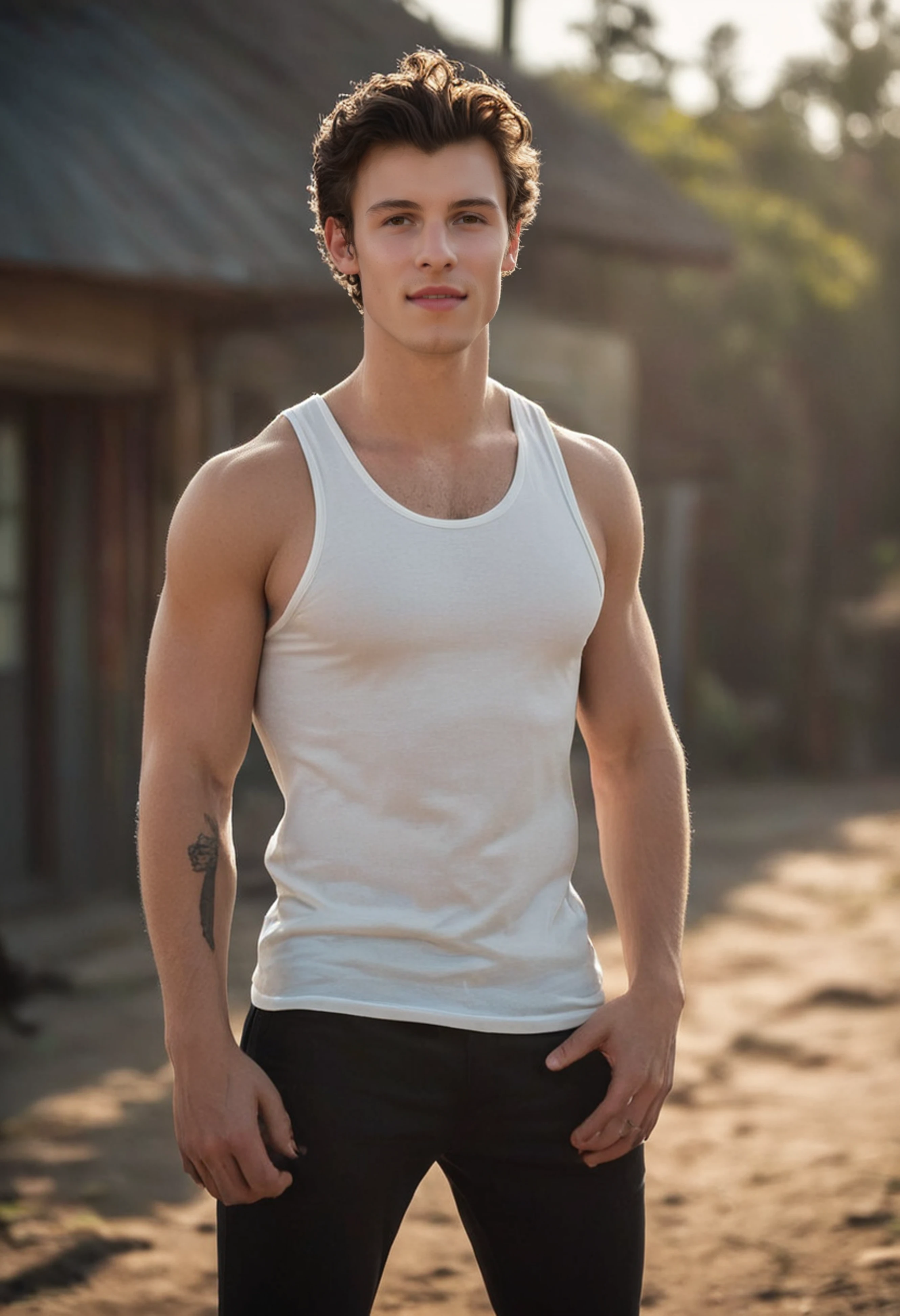 <lora:shawn_mendes_v1_sdxl_1600_lora_f32:1>,, cinematic film still Shawn mendes, white tanktop, daytime, dynamic pose . shallow depth of field, vignette, highly detailed, high budget, bokeh, cinemascope, moody, epic, gorgeous, film grain, grainy