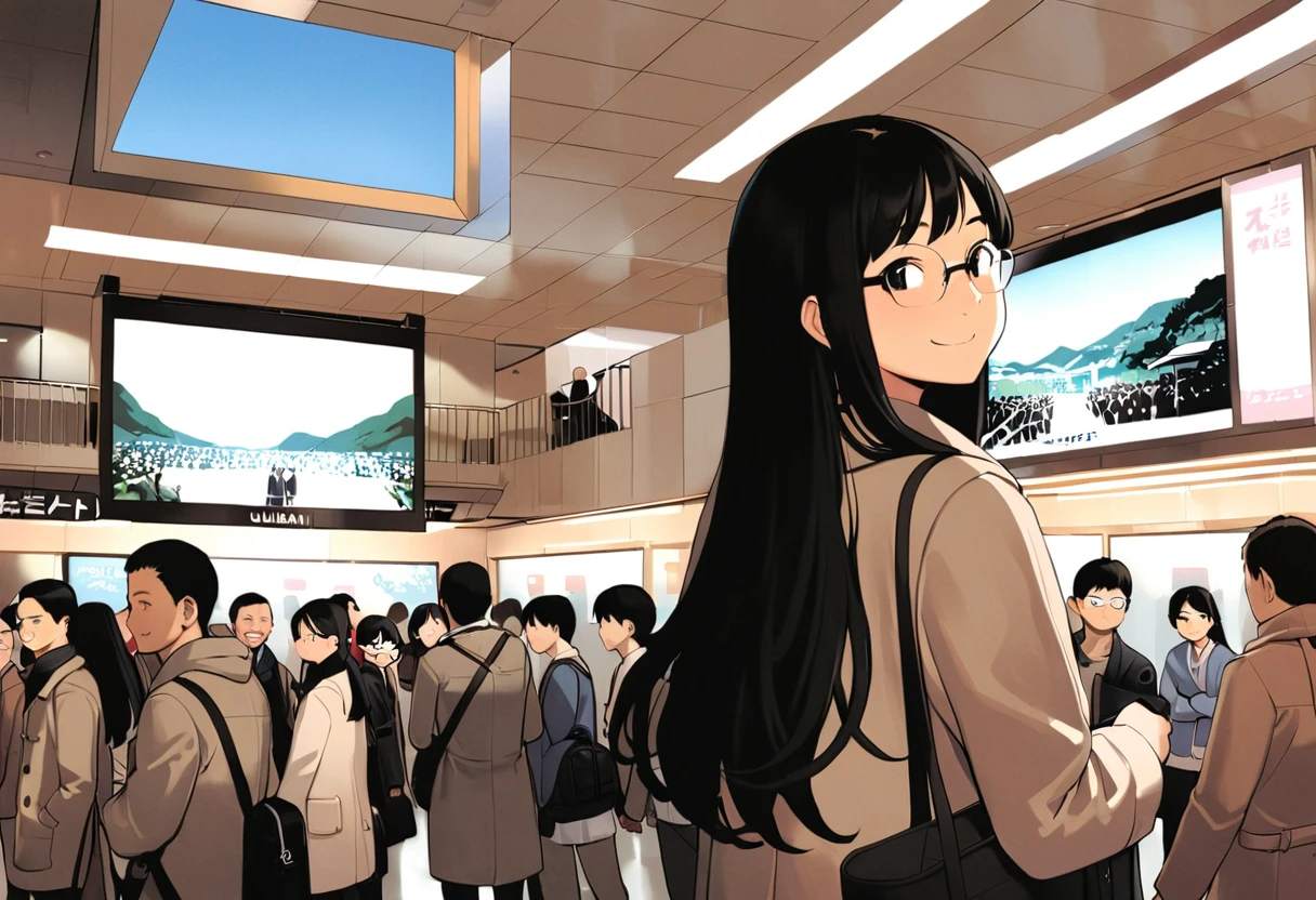 1girl, solo, glasses, black hair, long hair, duffle coat, black bag, smile, looking at viewer, solo focus,
umedabm, scenery, multiple girls, bag, crowd, 6+girls, multiple boys, black hair, real world location, long hair, 6+boys, indoors, ceiling, ceiling light
masterpiece, best quality, 
<lora:col_xl:0.6> <lora:umeda_bigman_SDXL_V1:1>