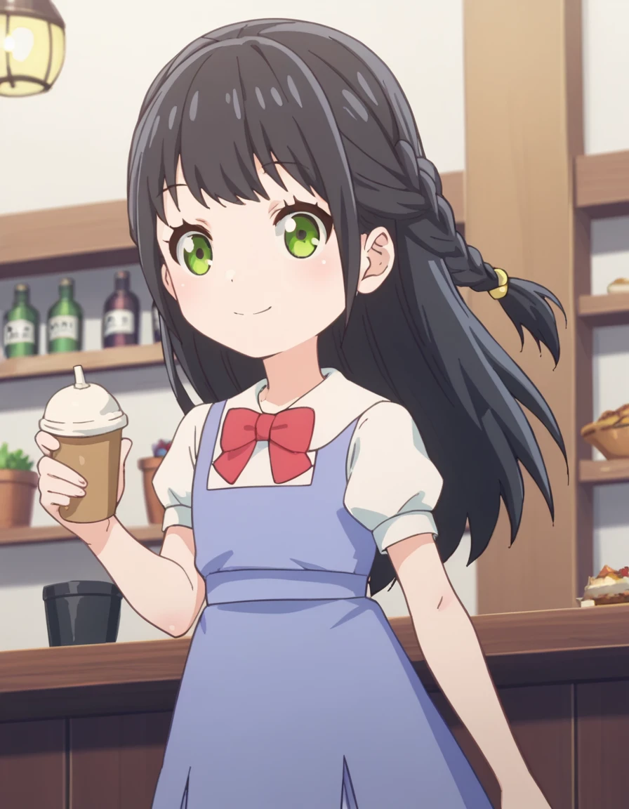 score_9, score_8_up, score_7_up, source_anime,
nekoparachiyo, <lora:nekopara-chiyo-s1-ponyxl-lora-nochekaiser:1>,
chiyo, long hair, bangs, black hair, green eyes, braid,
shirt, dress, bow, white shirt, short sleeves, sleeveless, puffy sleeves, bowtie, red bow, puffy short sleeves, sleeveless dress, blue dress, red bowtie, pinafore dress,
indoors, cafe, smile,
looking at viewer, solo, cowboy shot, dutch angle,